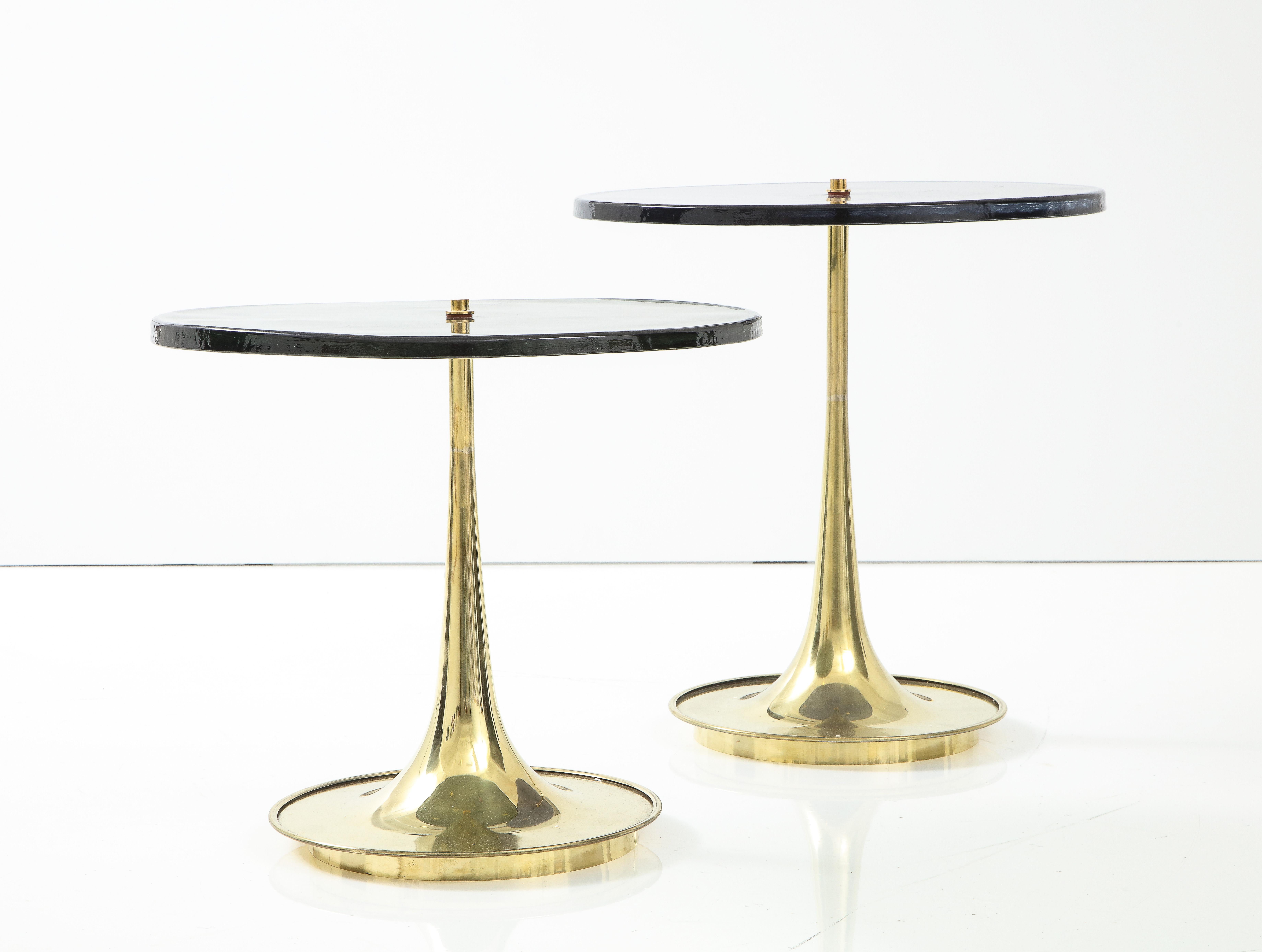 Pair of Round Blue and Grey Murano Glass and Brass Martini or Side Tables, Italy 3
