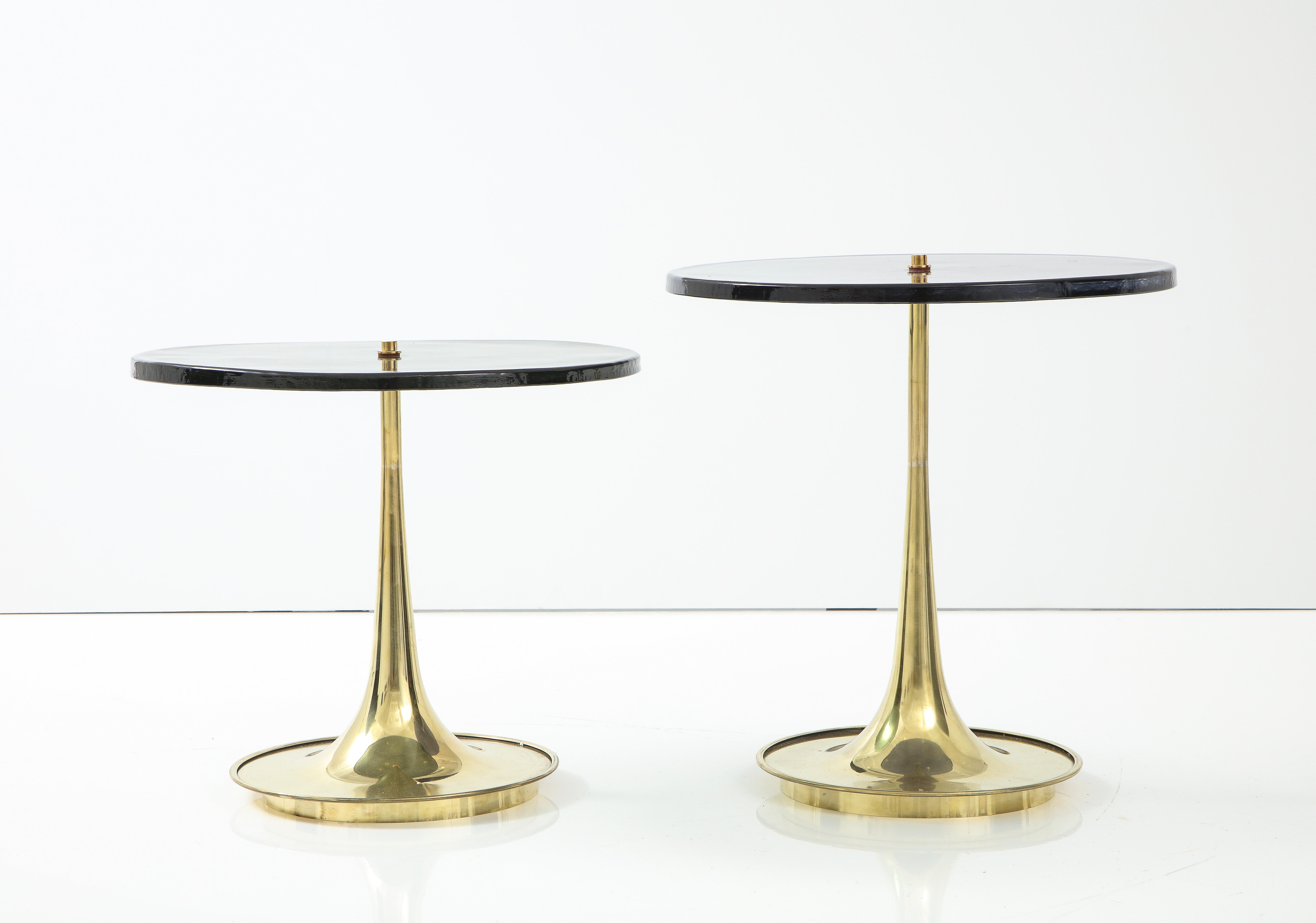 Pair of Round Blue and Grey Murano Glass and Brass Martini or Side Tables, Italy 6