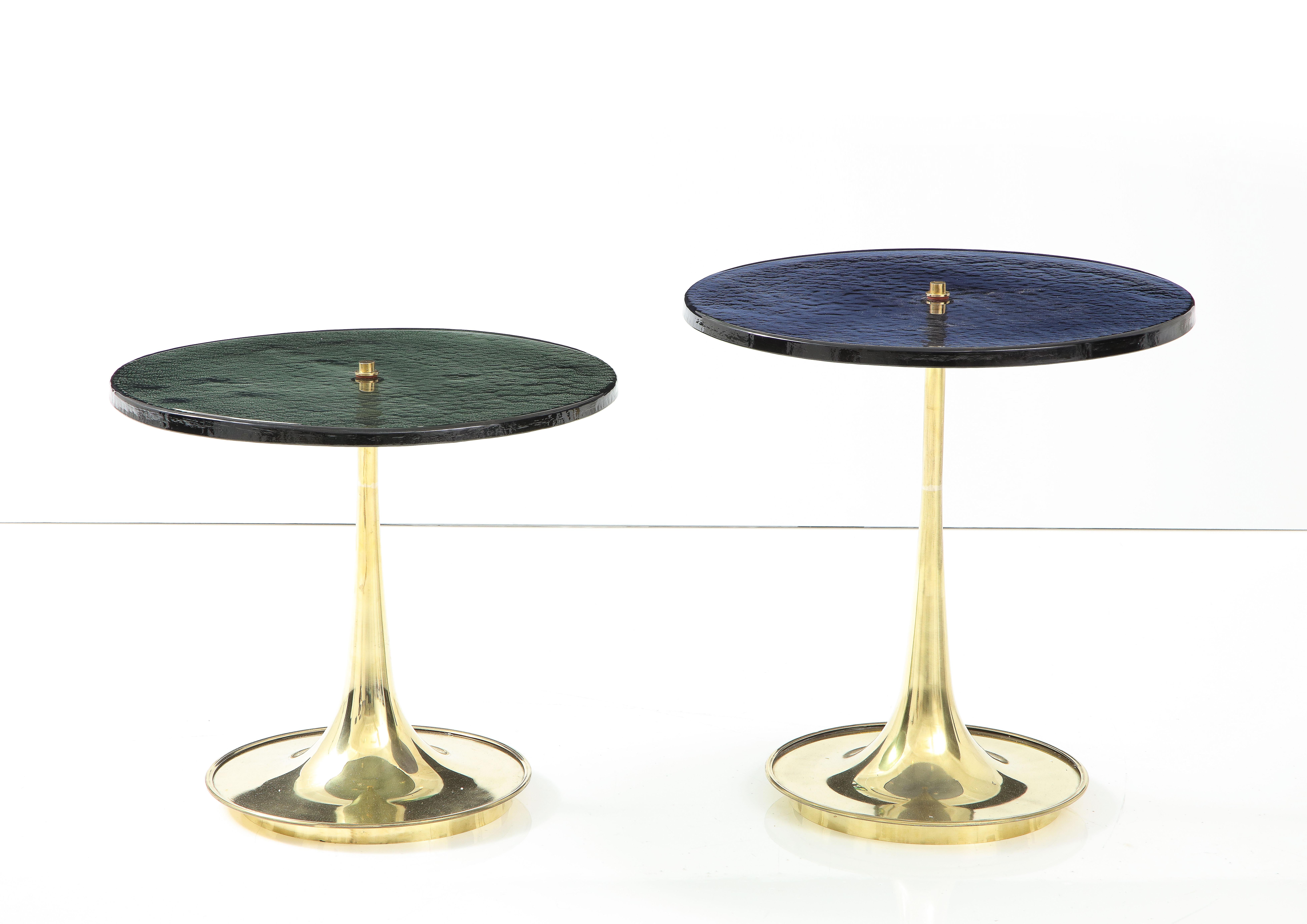 Pair of round cobalt blue and grey taupe Murano glass and brass martini or side tables, Italy, 2022. Hand-casted 1 inch thick, solid cobalt blue (tall table) and grey taupe (short table) colored Murano round glass tops sit atop hand -turned