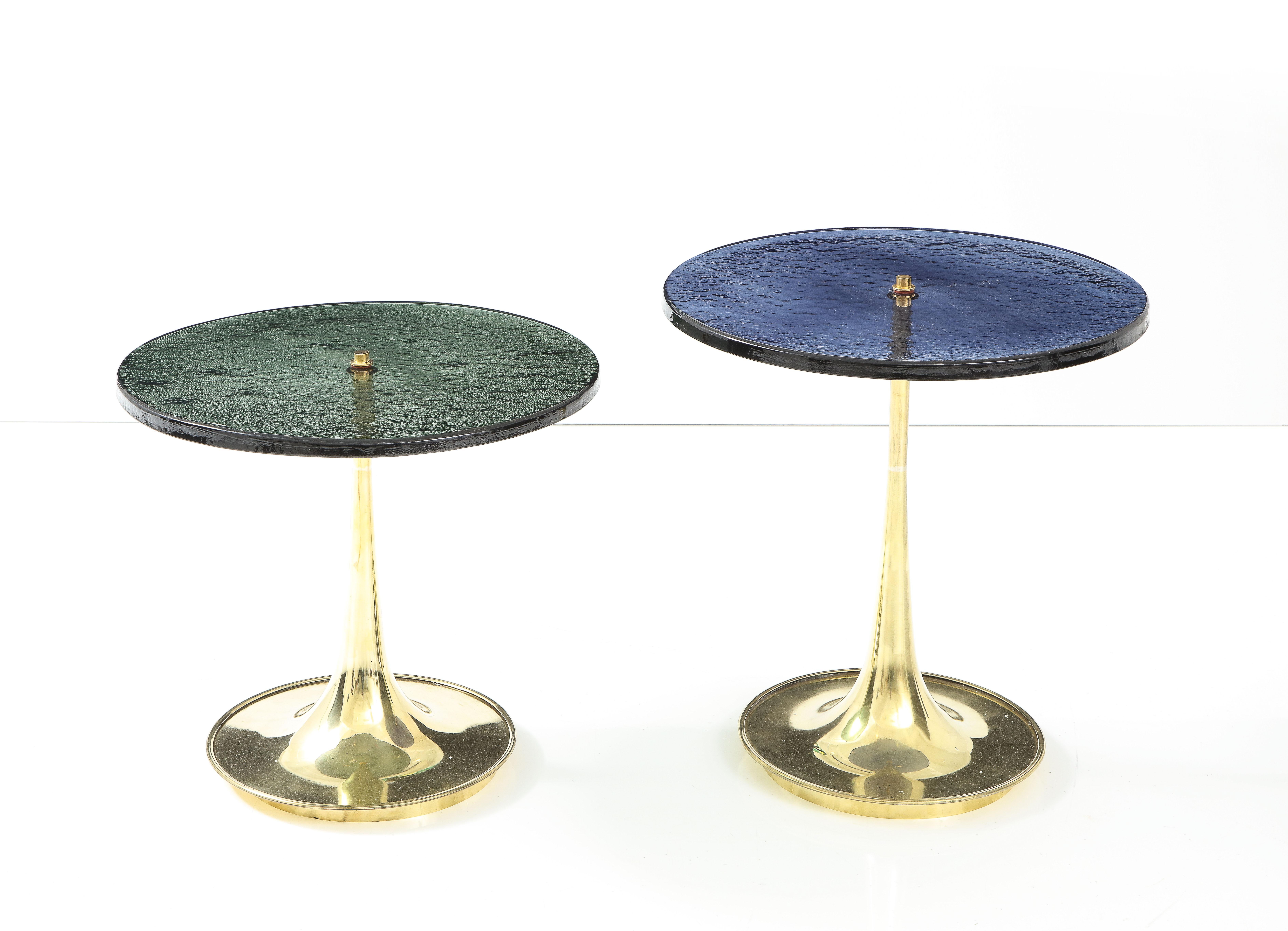 Mid-Century Modern Pair of Round Blue and Grey Murano Glass and Brass Martini or Side Tables, Italy