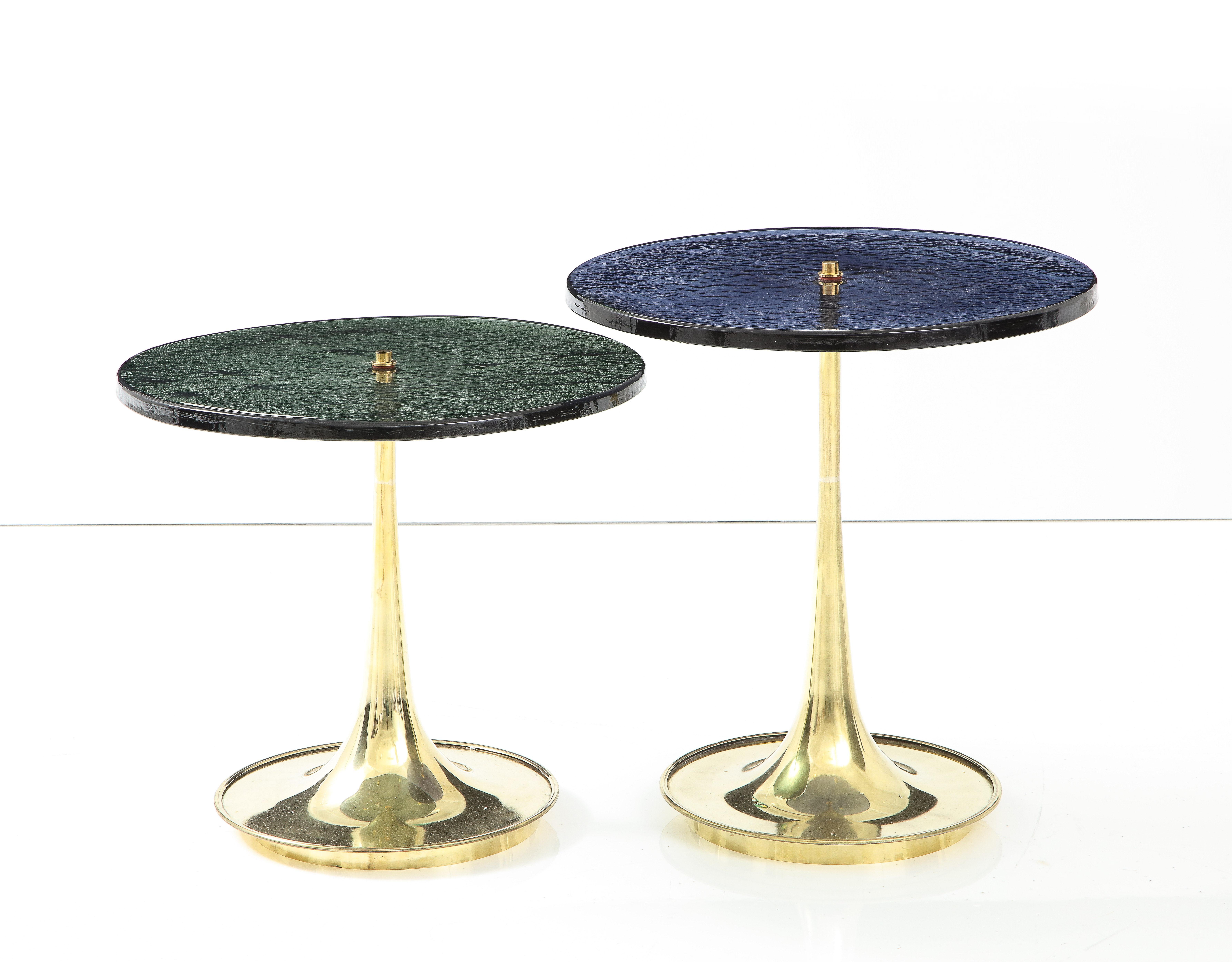Pair of Round Blue and Grey Murano Glass and Brass Martini or Side Tables, Italy 1