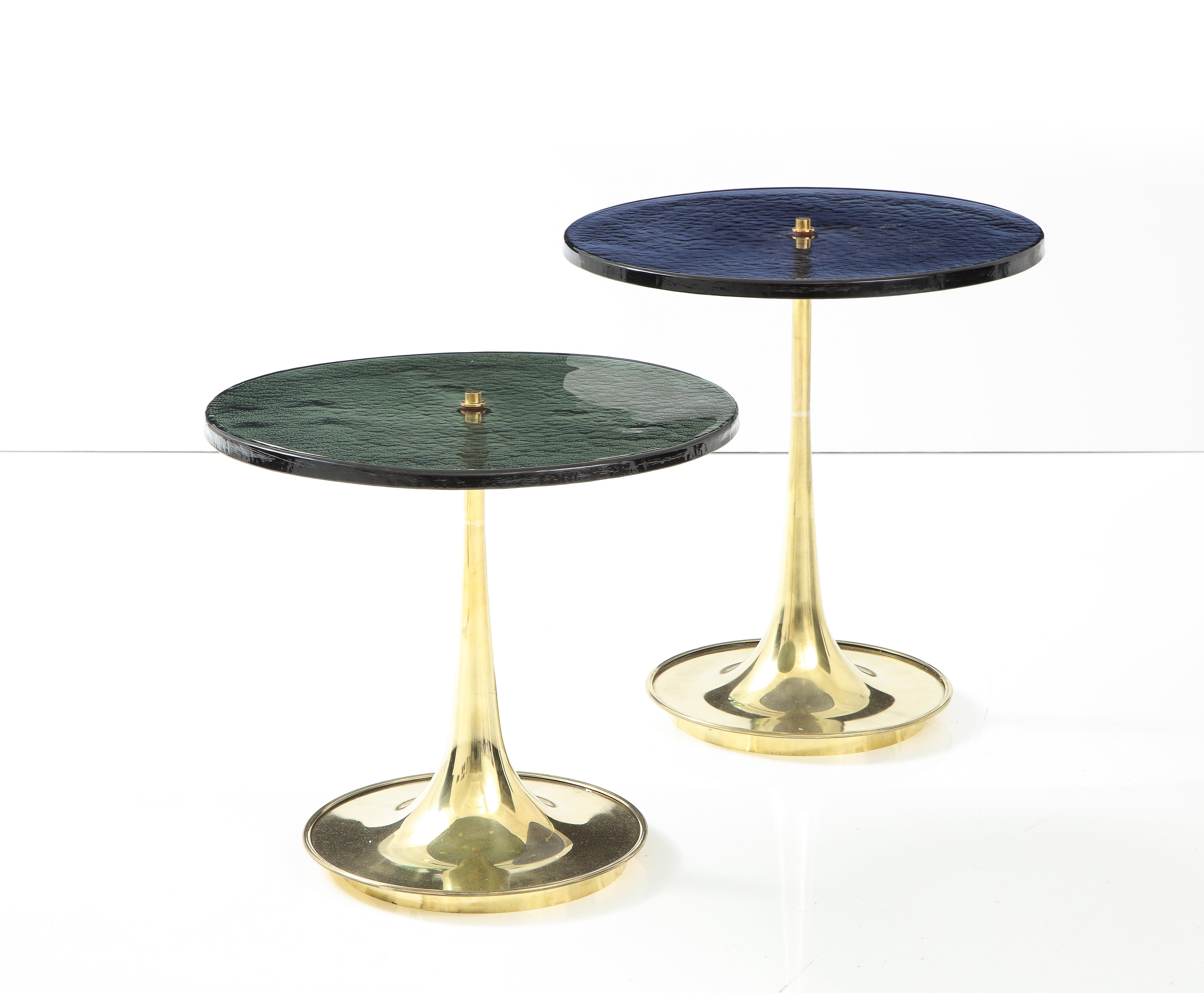 Pair of Round Blue and Grey Murano Glass and Brass Martini or Side Tables, Italy 2
