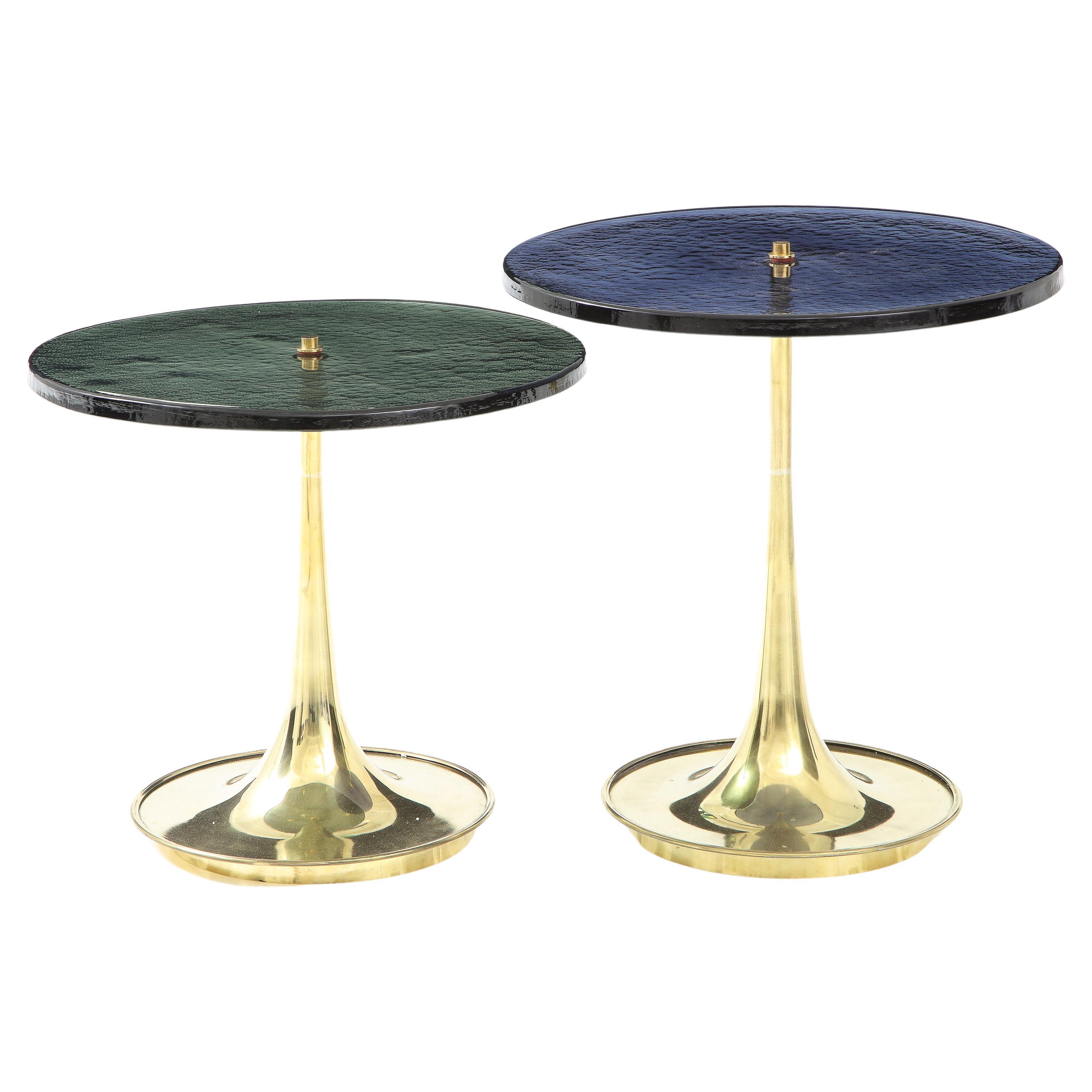 Pair of Round Blue and Grey Murano Glass and Brass Martini or Side Tables, Italy