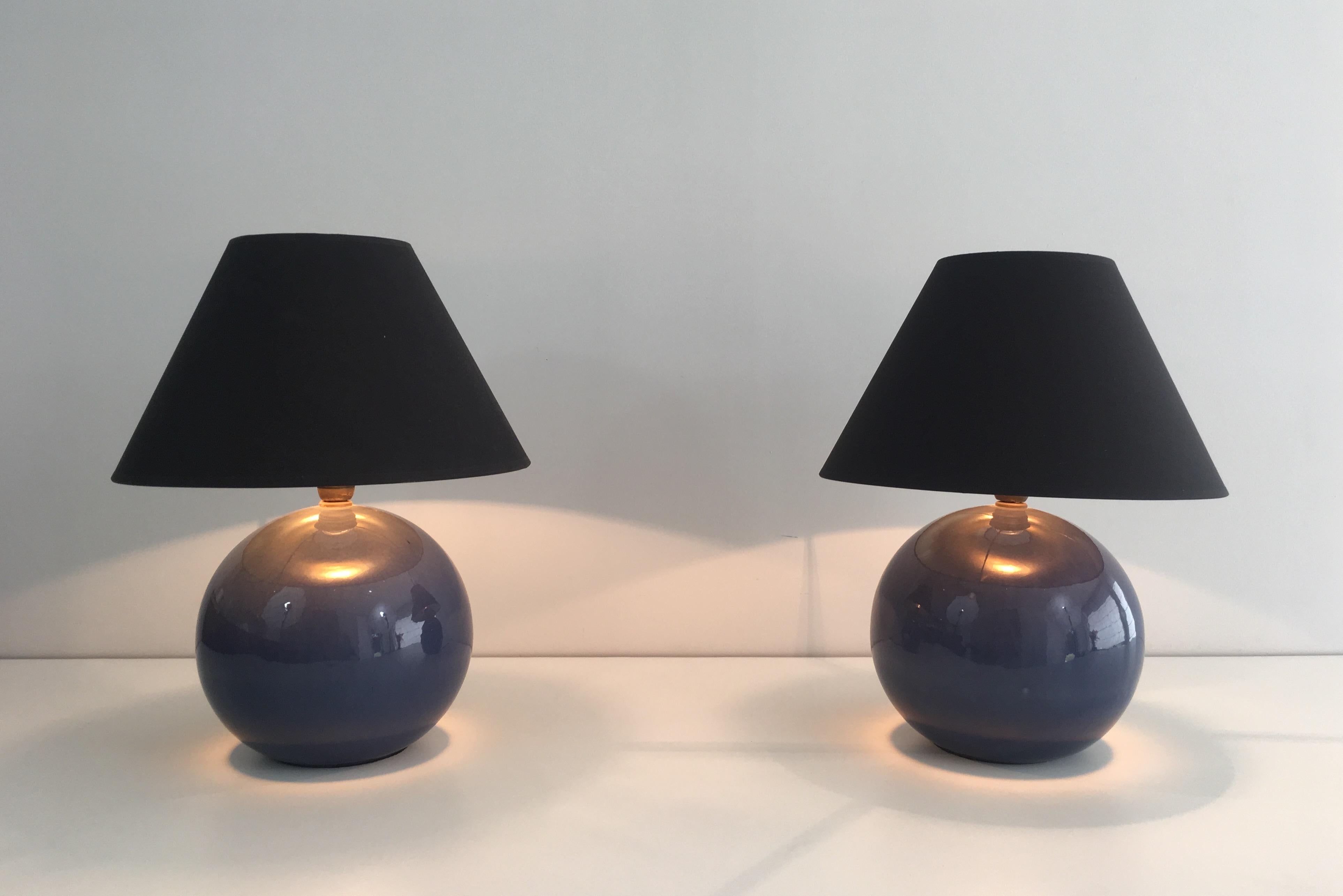 Pair of Round Blue Ceramic Tables Lamps with Shades, French, circa 1970 7