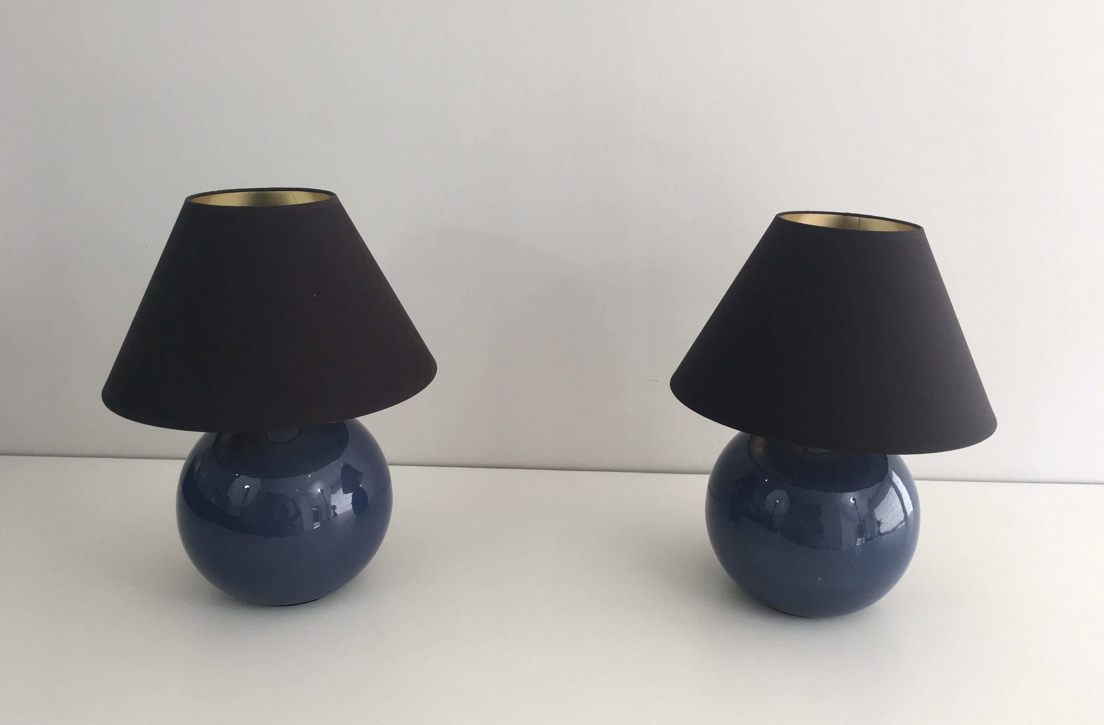 Pair of Round Blue Ceramic Tables Lamps with Shades, French, circa 1970 11