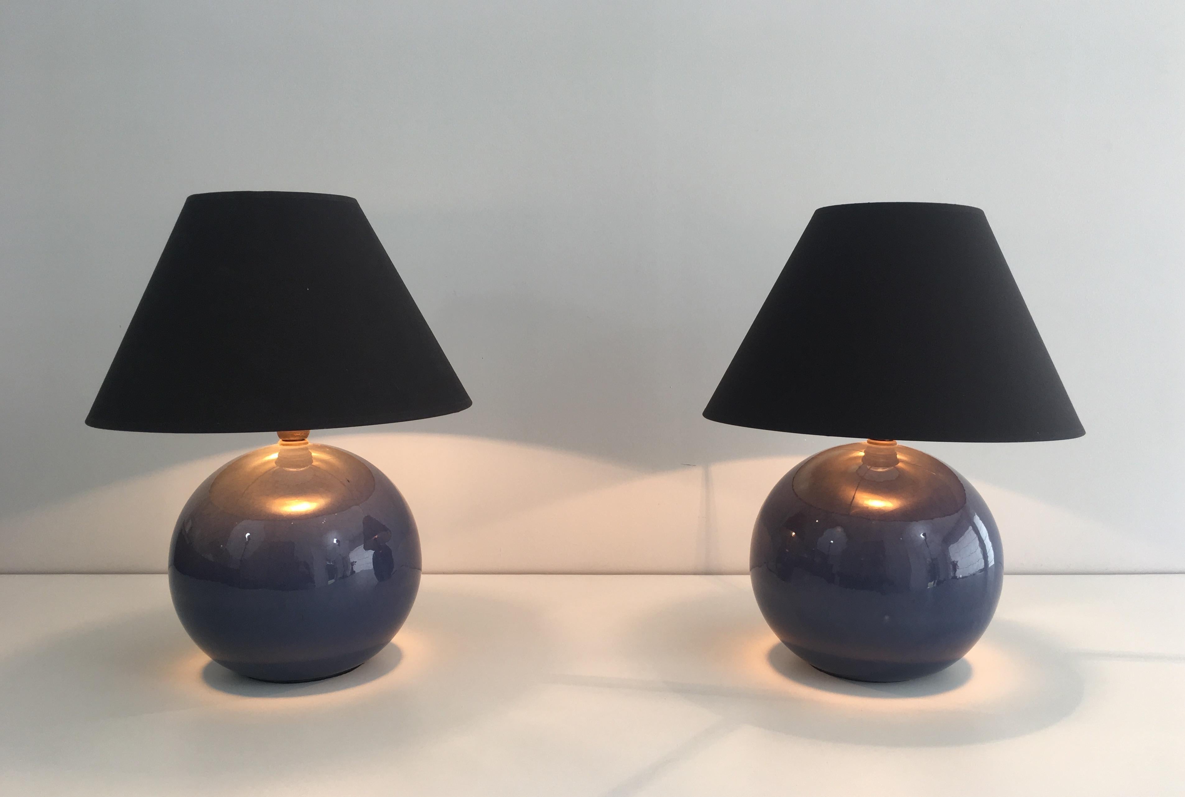 Pair of Round Blue Ceramic Tables Lamps with Shades, French, circa 1970 12