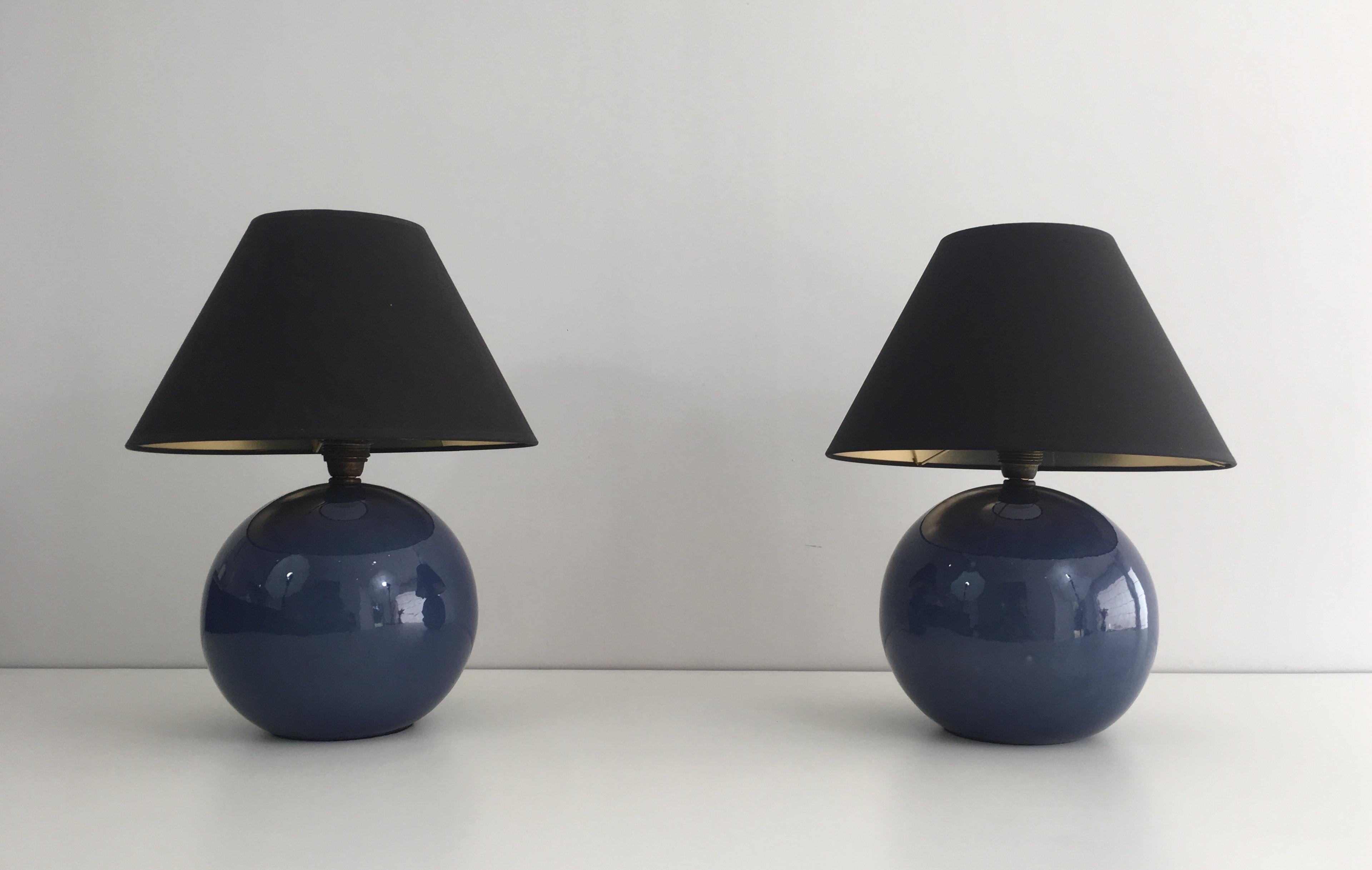 Mid-Century Modern Pair of Round Blue Ceramic Tables Lamps with Shades, French, circa 1970