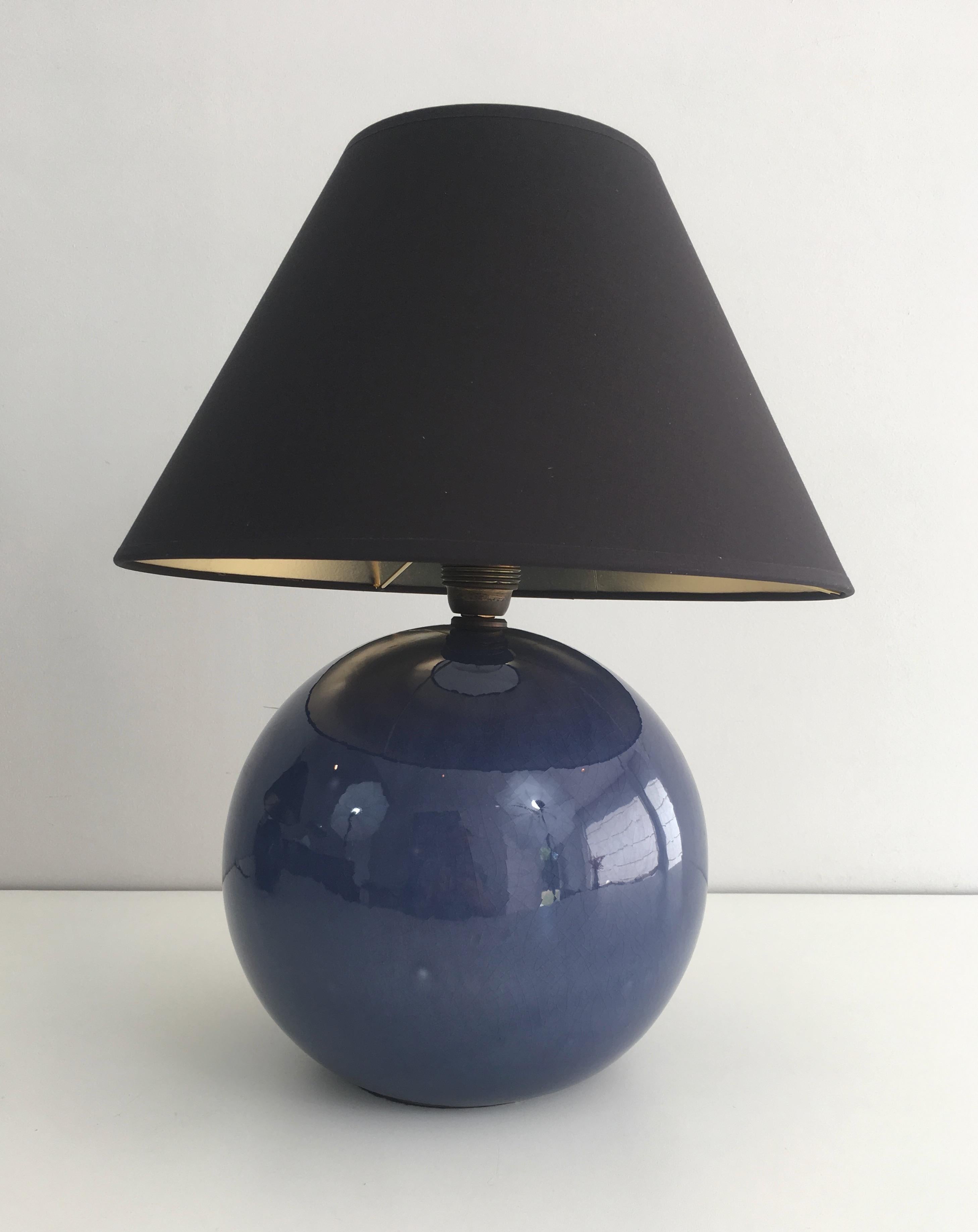 Pair of Round Blue Ceramic Tables Lamps with Shades, French, circa 1970 1