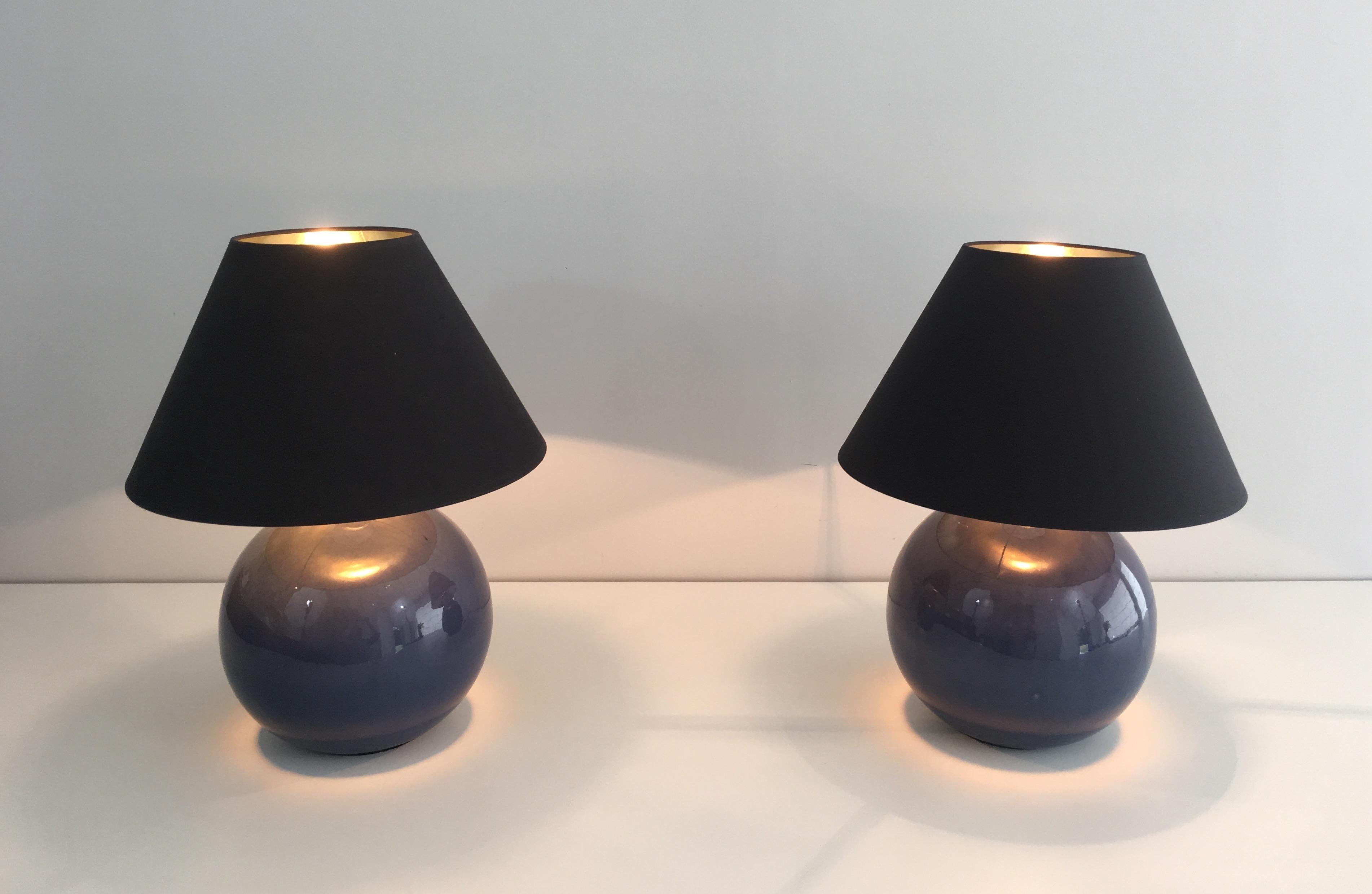 Pair of Round Blue Ceramic Tables Lamps with Shades, French, circa 1970 4