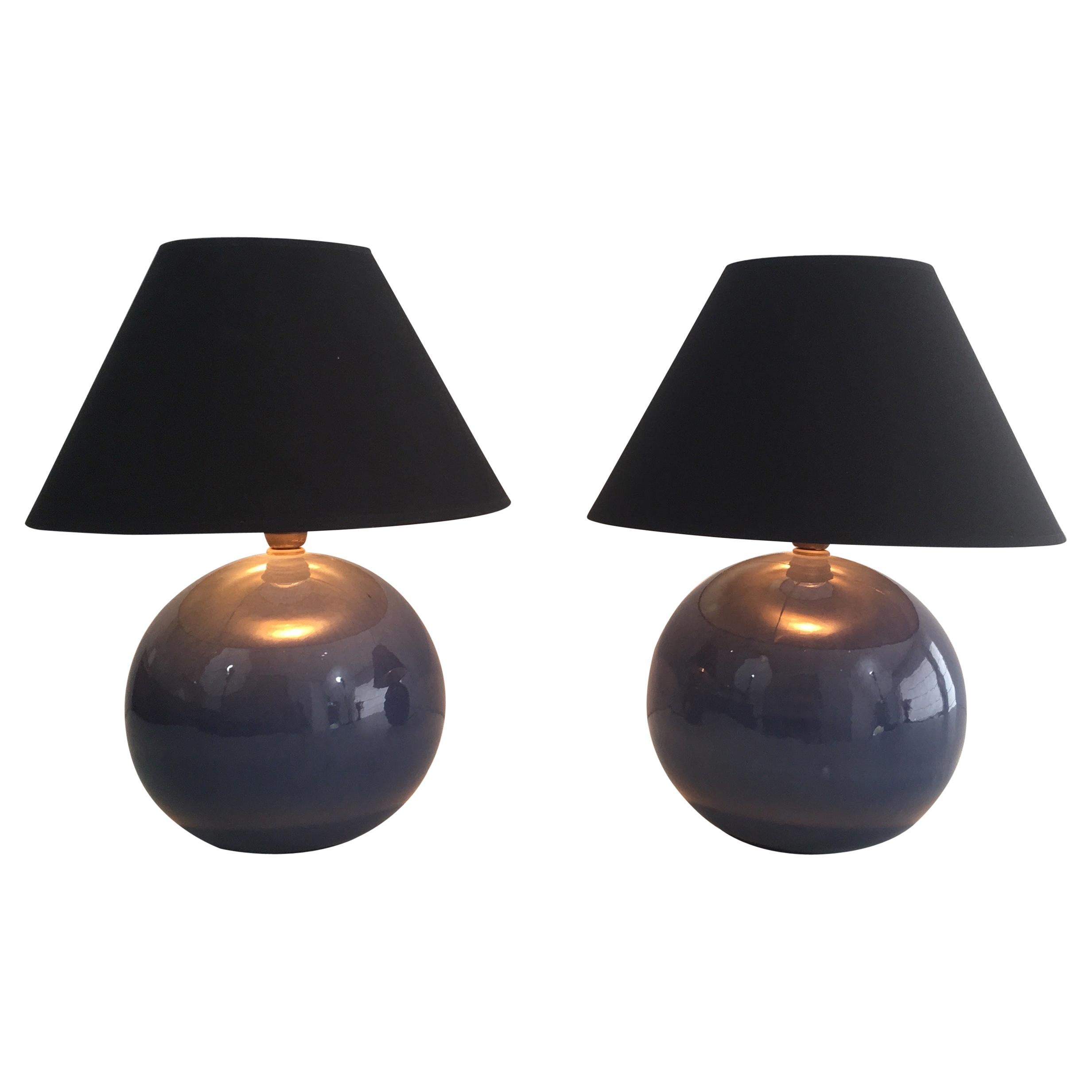 Pair of Round Blue Ceramic Tables Lamps with Shades, French, circa 1970