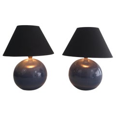 Pair of Round Blue Ceramic Tables Lamps with Shades, French, circa 1970
