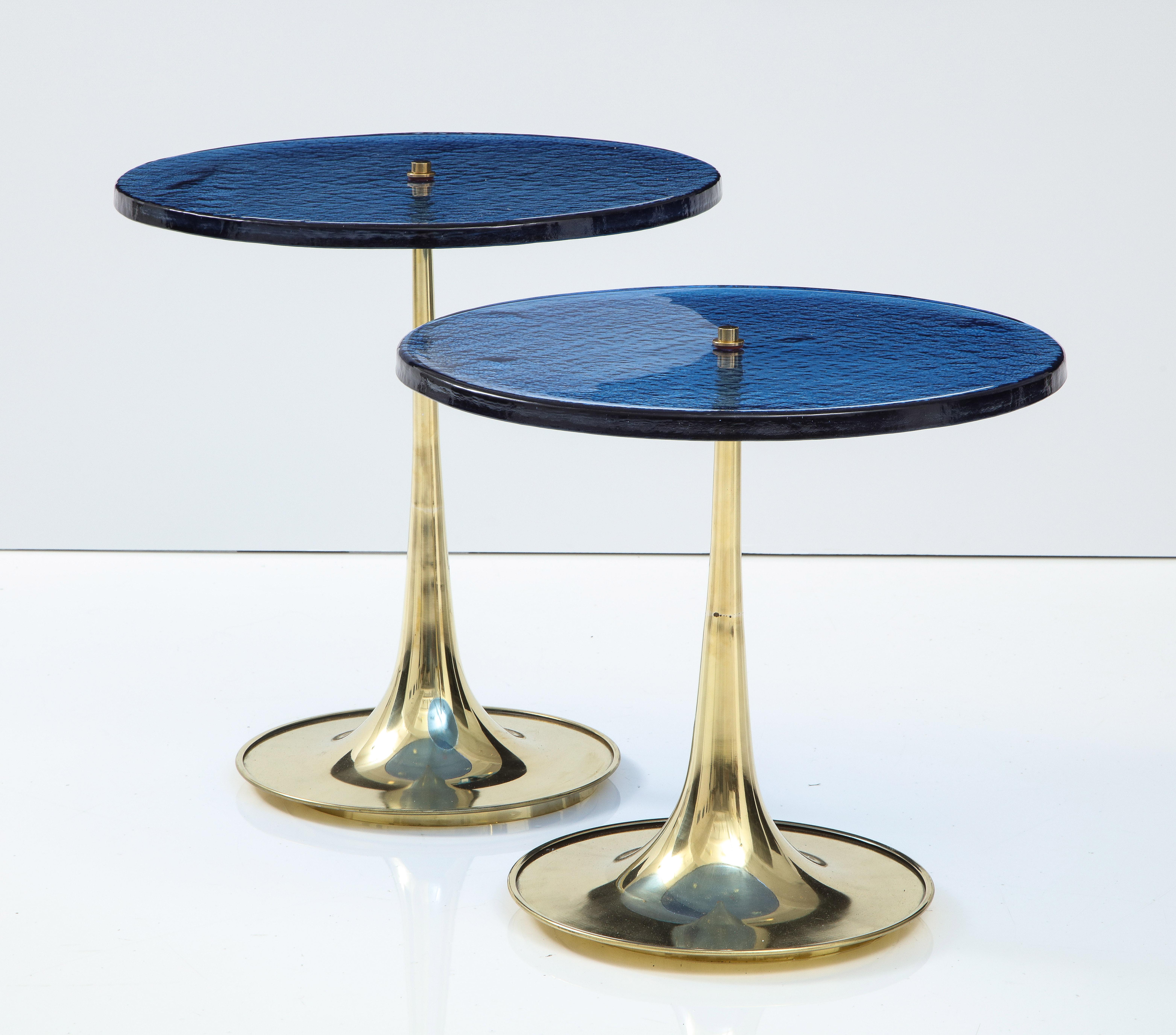 Pair of Round Blue Murano Glass and Brass Martini or Side Tables, Italy, 2022 3