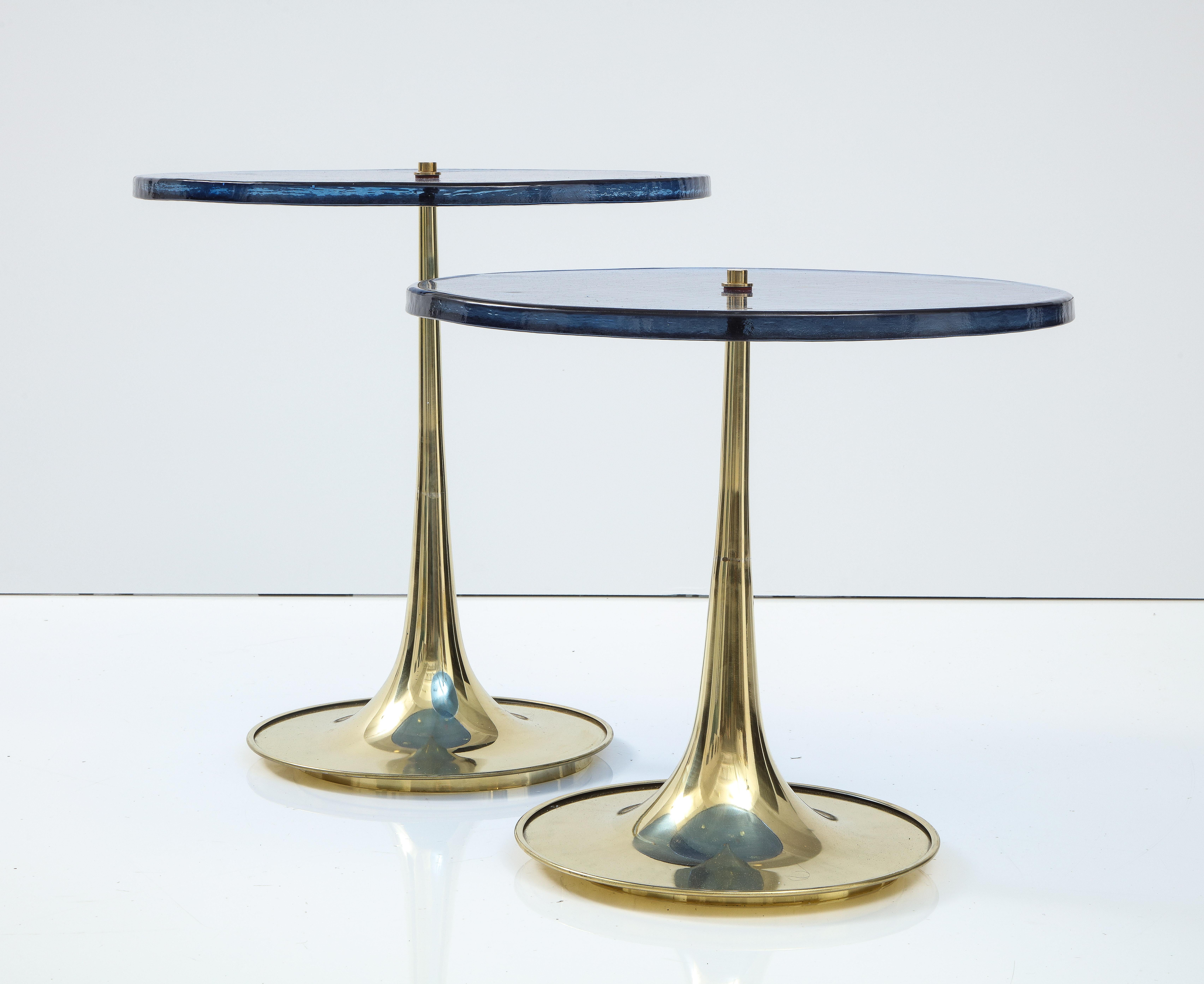 Pair of Round Blue Murano Glass and Brass Martini or Side Tables, Italy, 2022 7