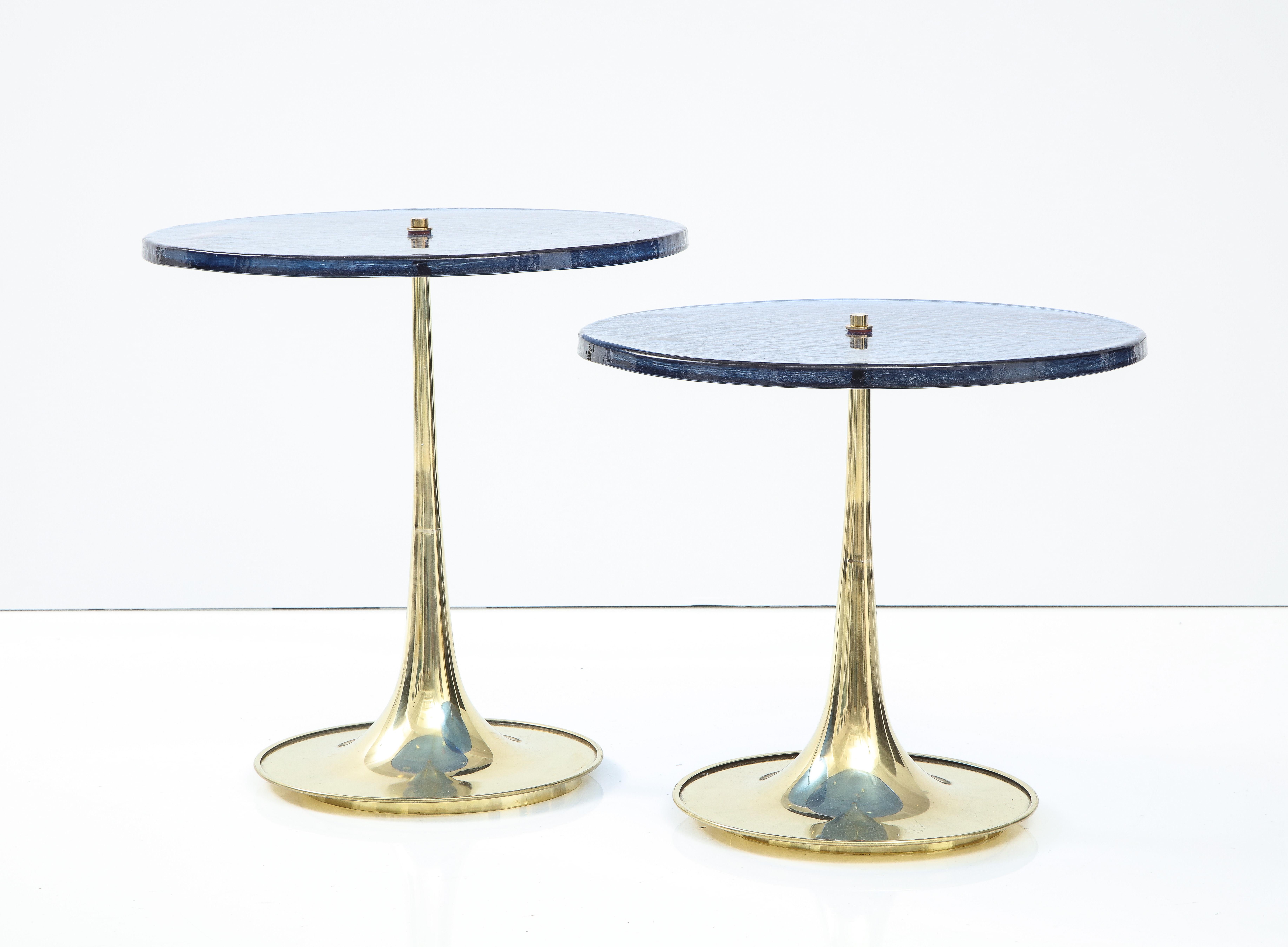 Pair of Round Blue Murano Glass and Brass Martini or Side Tables, Italy, 2022 9