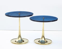 Pair of Round Blue Murano Glass and Brass Martini or Side Tables, Italy, 2022
