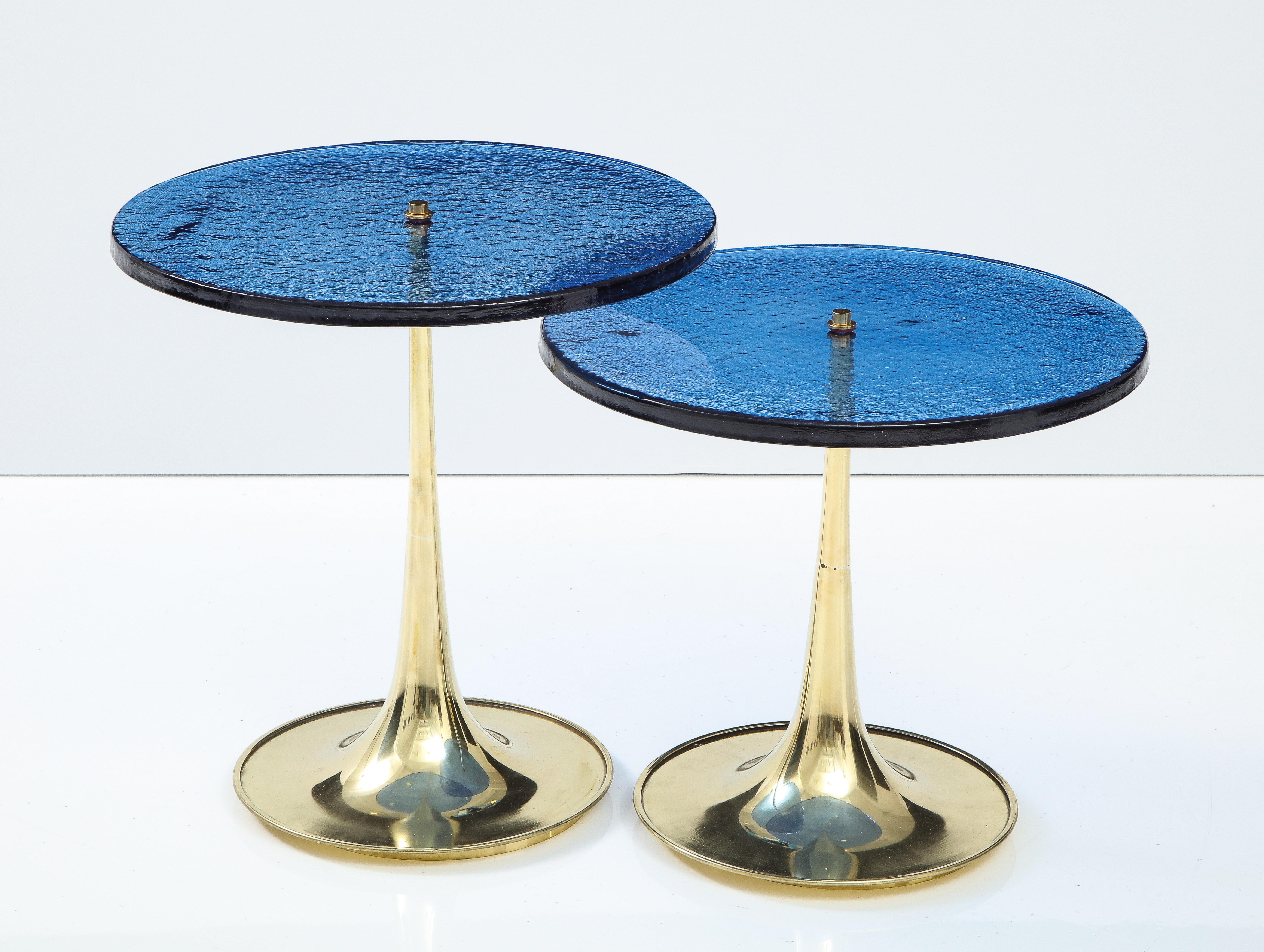 Italian Pair of Round Blue Murano Glass and Brass Martini or Side Tables, Italy, 2022
