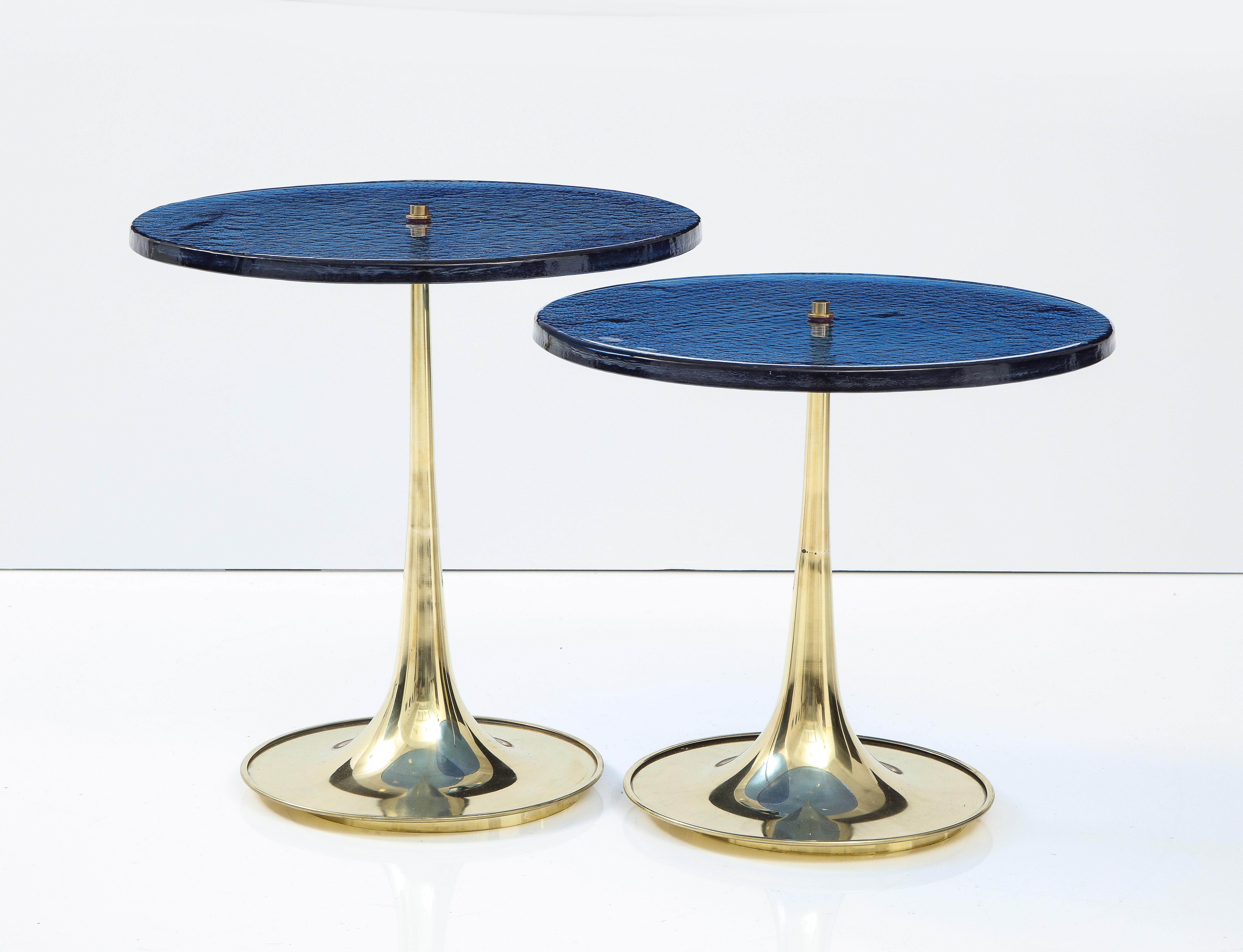 Hand-Crafted Pair of Round Blue Murano Glass and Brass Martini or Side Tables, Italy, 2022
