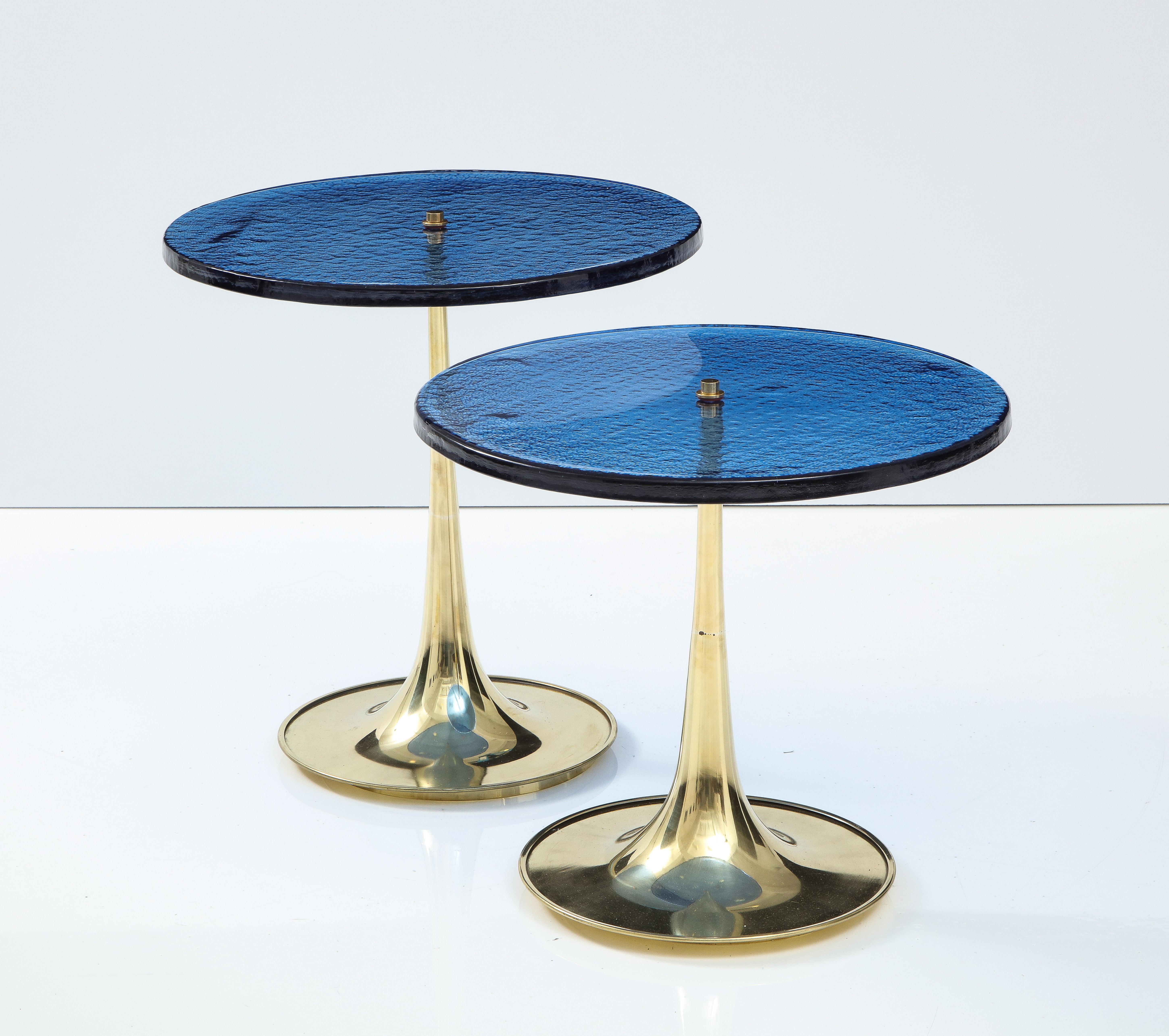 Pair of Round Blue Murano Glass and Brass Martini or Side Tables, Italy, 2022 2