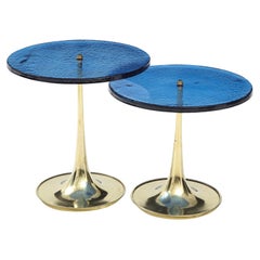 Pair of Round Blue Murano Glass and Brass Martini or Side Tables, Italy, 2022