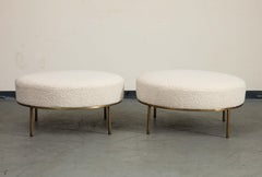 Pair of Round Bone Bouclé Ottomans with Brass Base