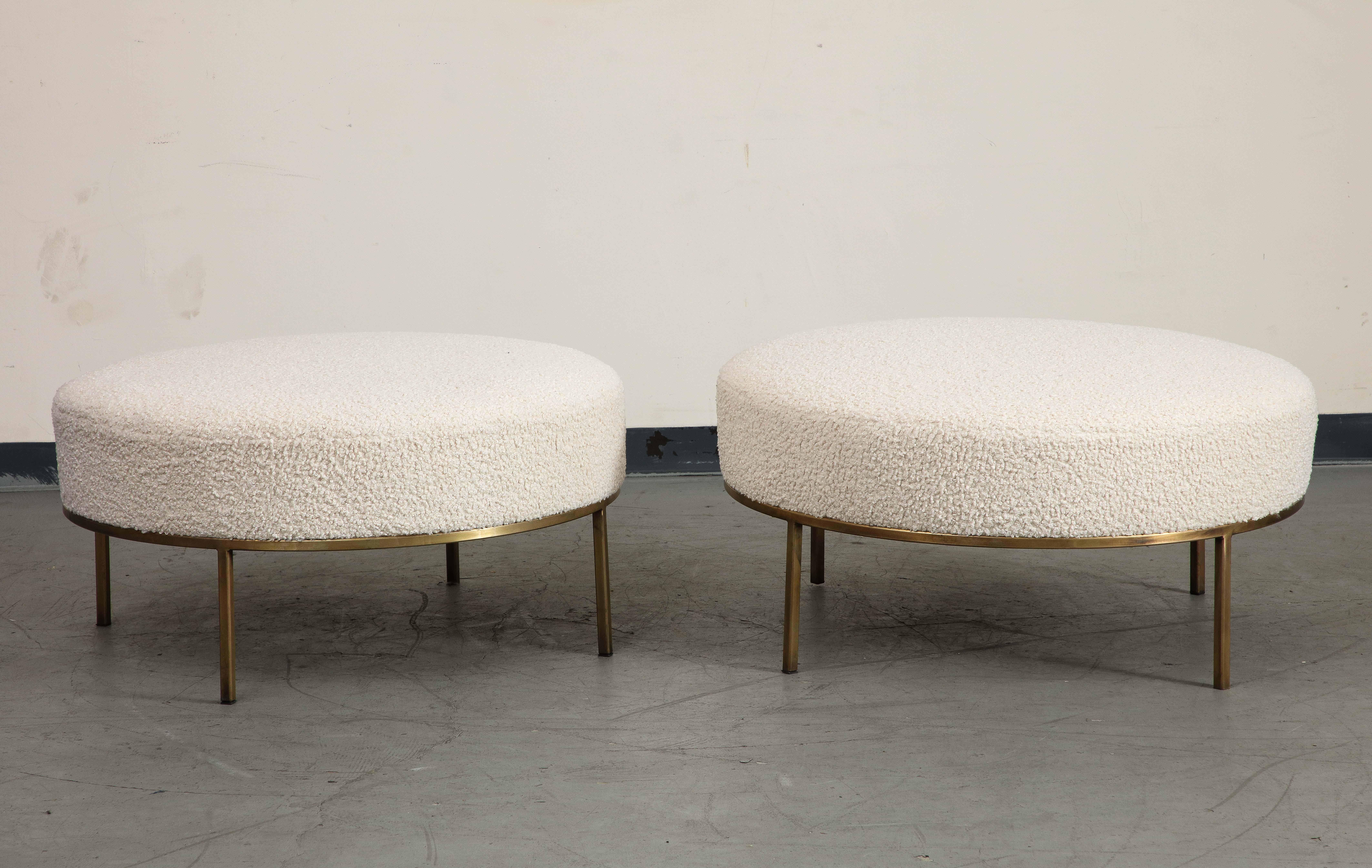 Modern Pair of Round Bone Bouclé Ottomans with Brass Base For Sale