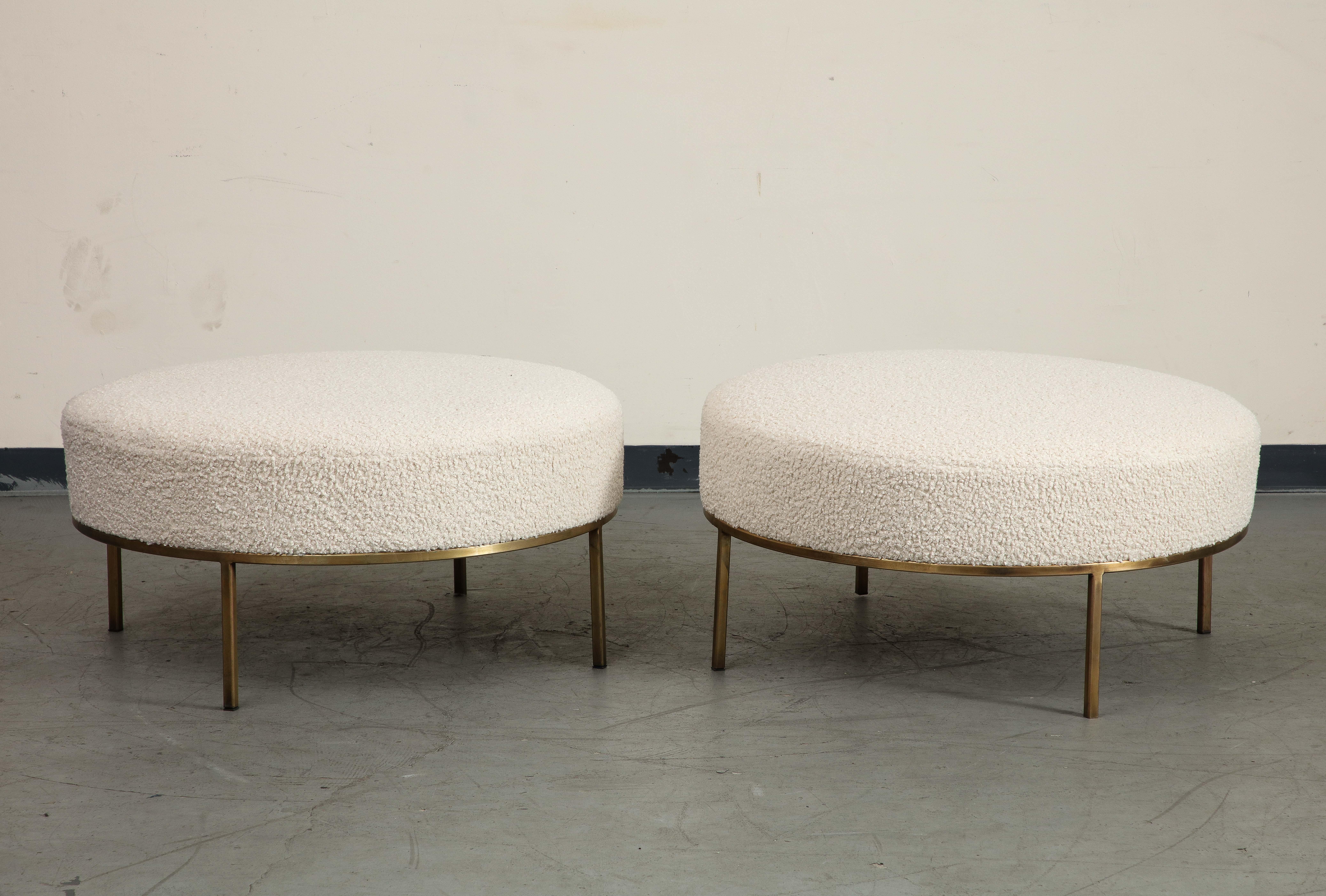 American Pair of Round Bone Bouclé Ottomans with Brass Base For Sale