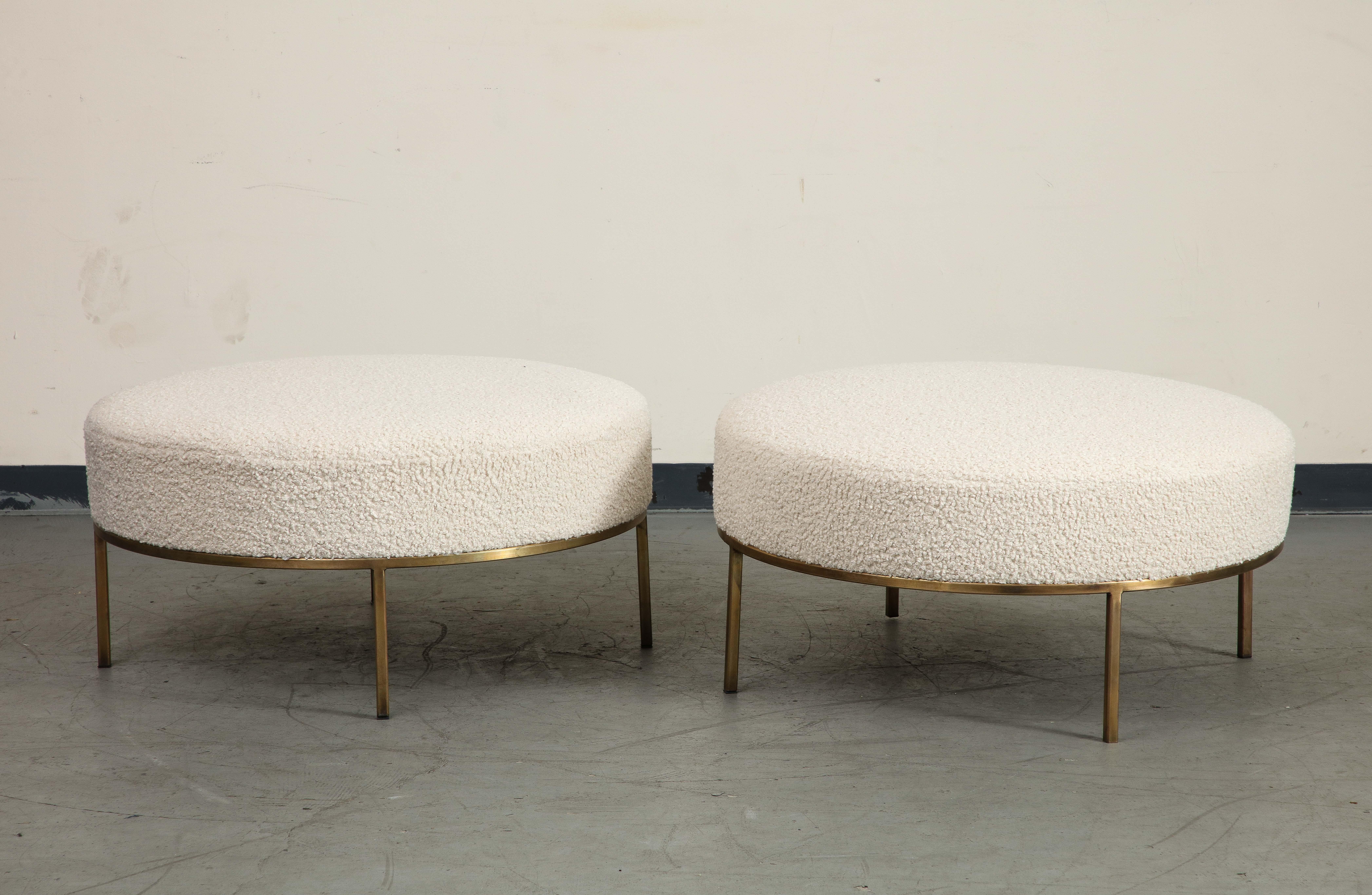 Pair of Round Bone Bouclé Ottomans with Brass Base In Excellent Condition For Sale In Chicago, IL
