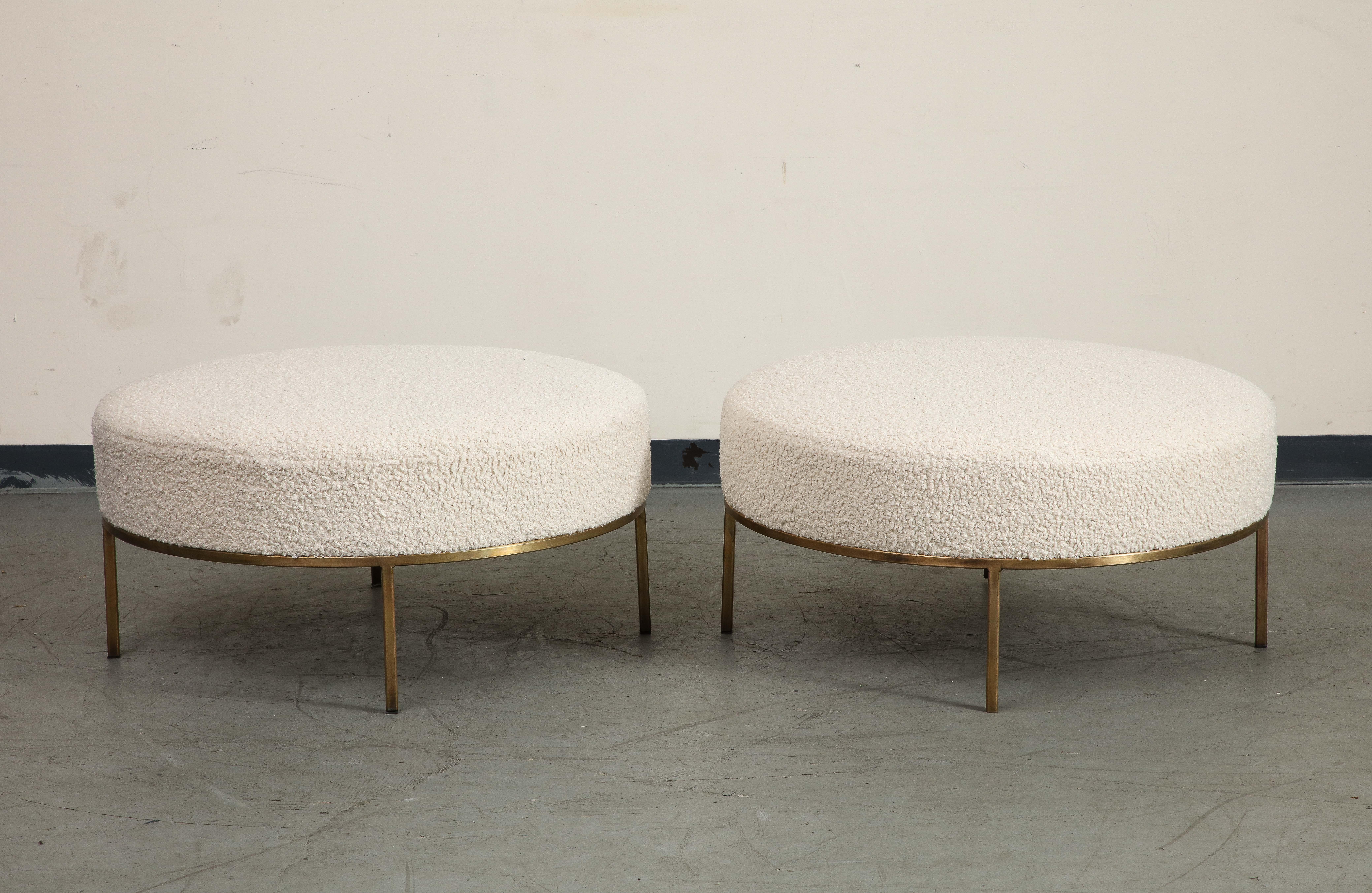 Contemporary Pair of Round Bone Bouclé Ottomans with Brass Base For Sale