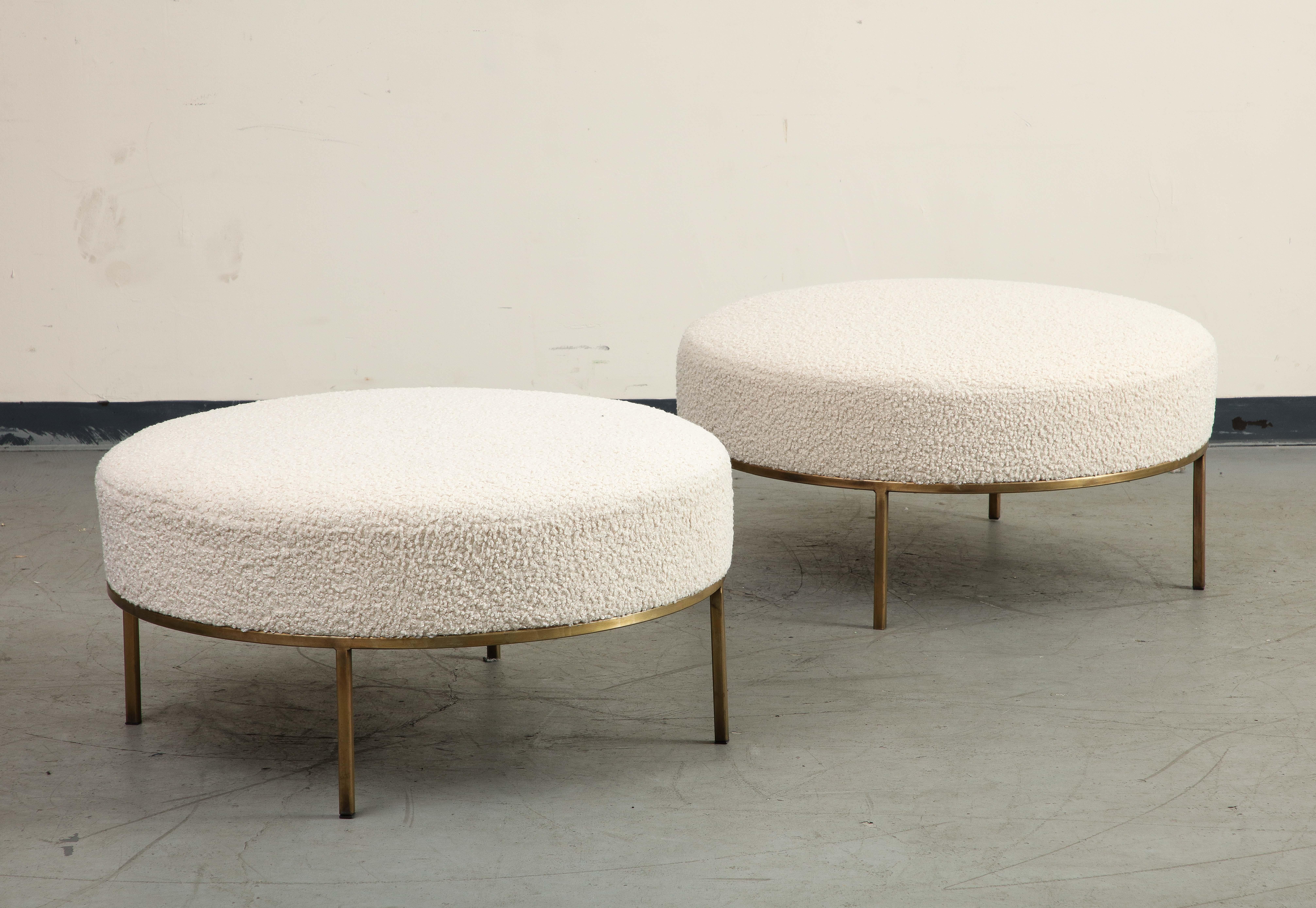 Pair of Round Bone Bouclé Ottomans with Brass Base For Sale 1