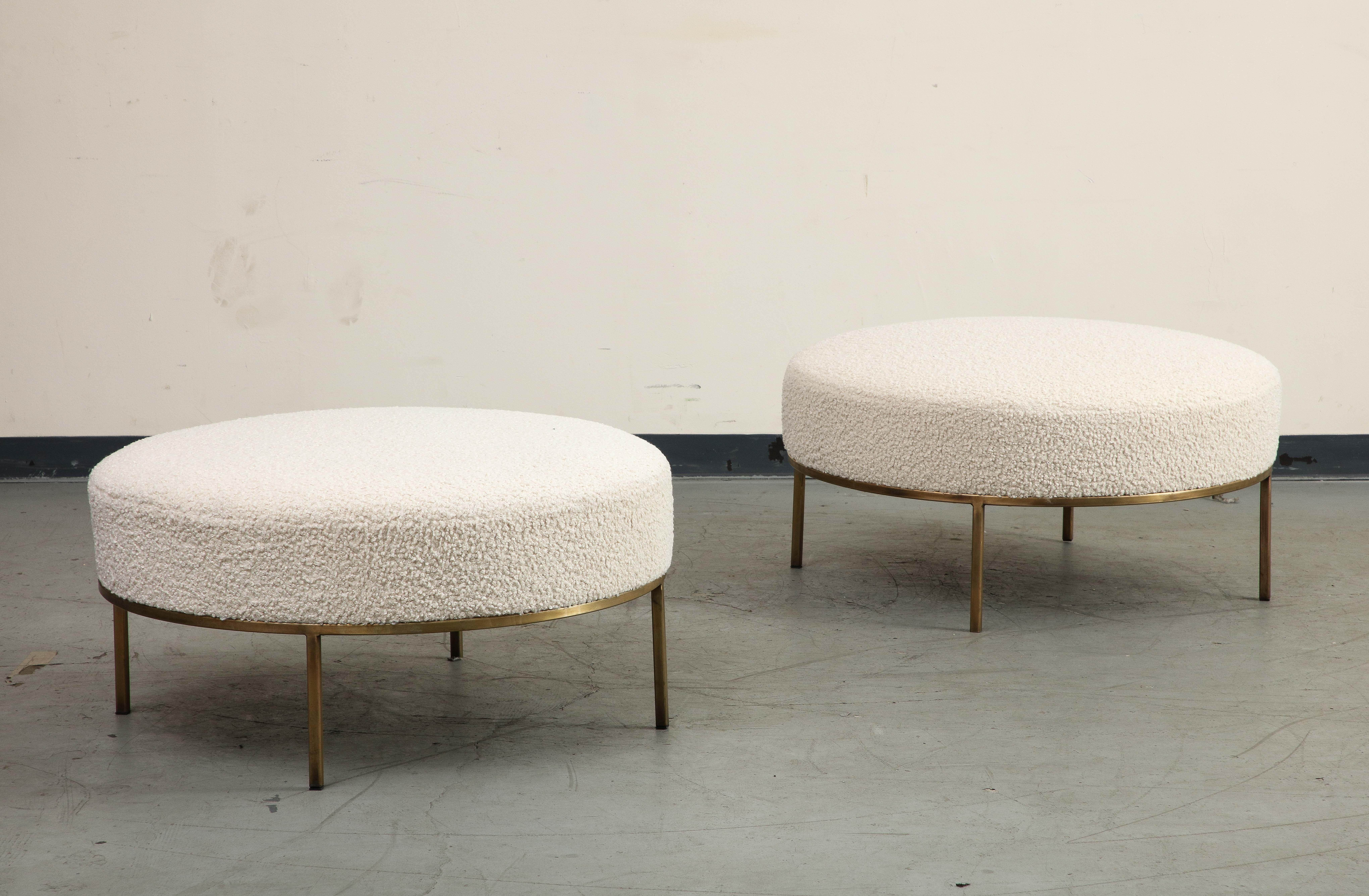 Pair of Round Bone Bouclé Ottomans with Brass Base For Sale 2