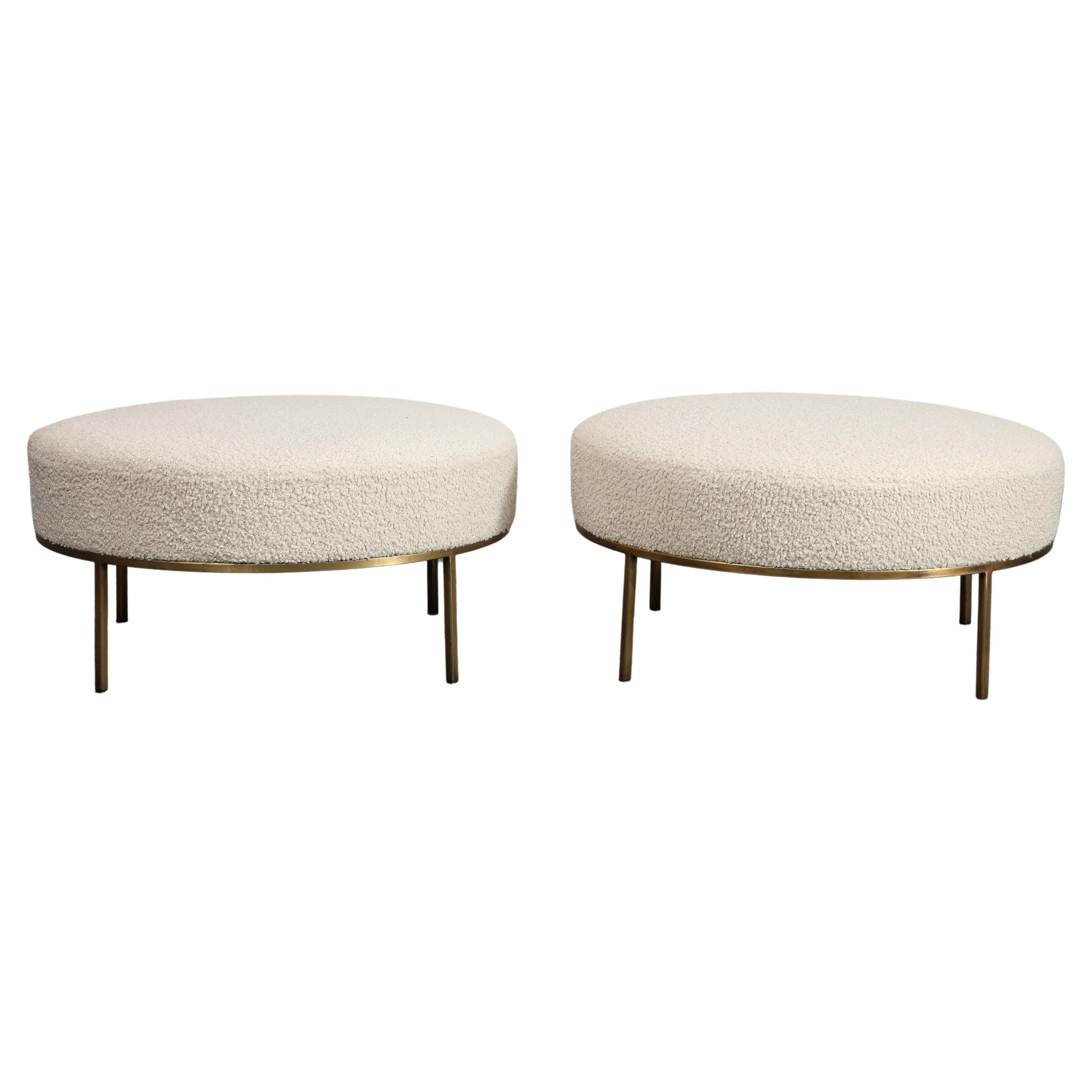 Pair of Round Bone Bouclé Ottomans with Brass Base For Sale