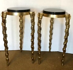 Pair of Round Brass and Black Marble Tea Cigarette Pedestal End Side Tables