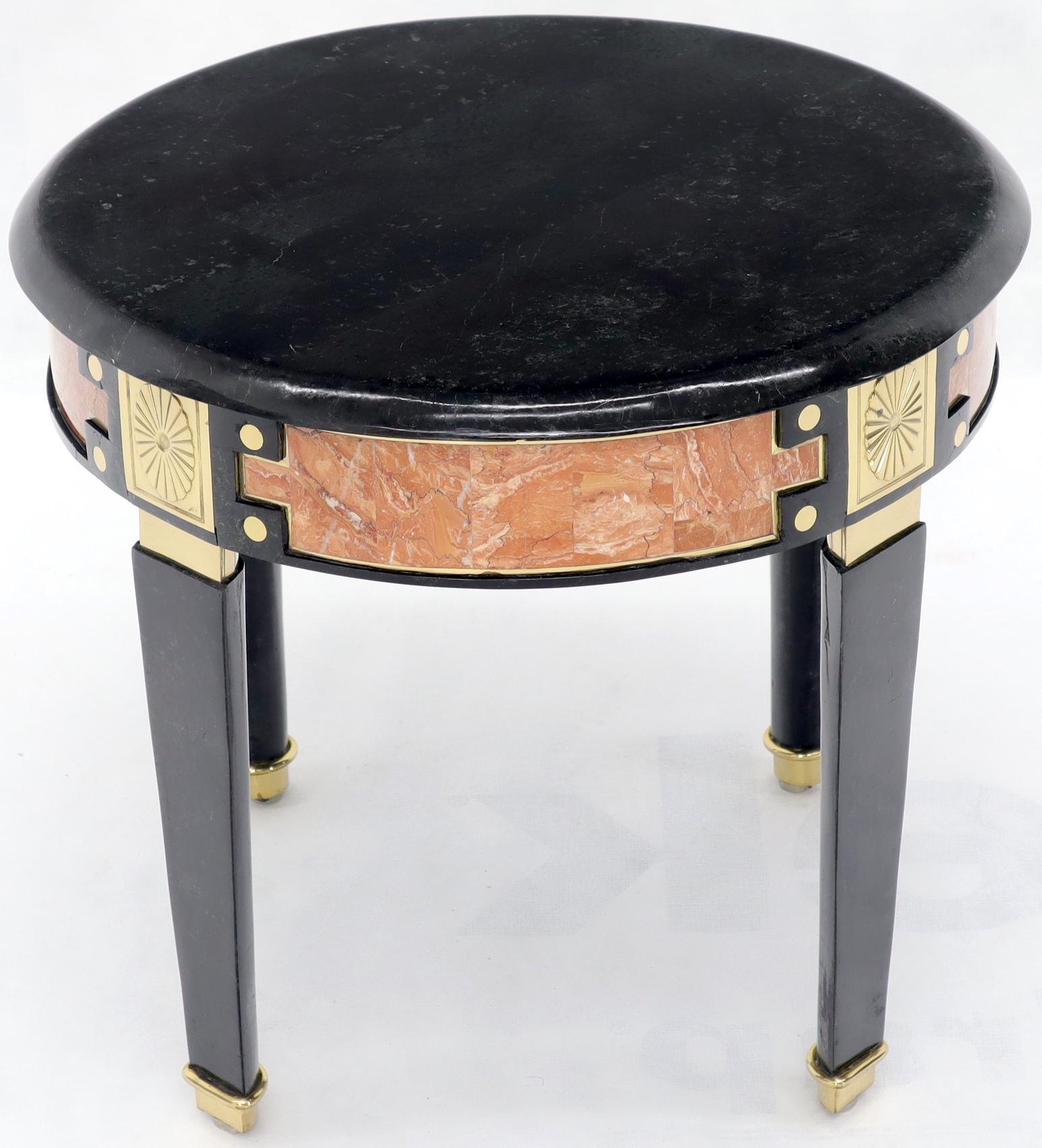 Unknown Pair of Round Brass and Black Marble Top End Side Tables