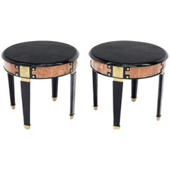 Pair of Round Brass and Black Marble Top End Side Tables