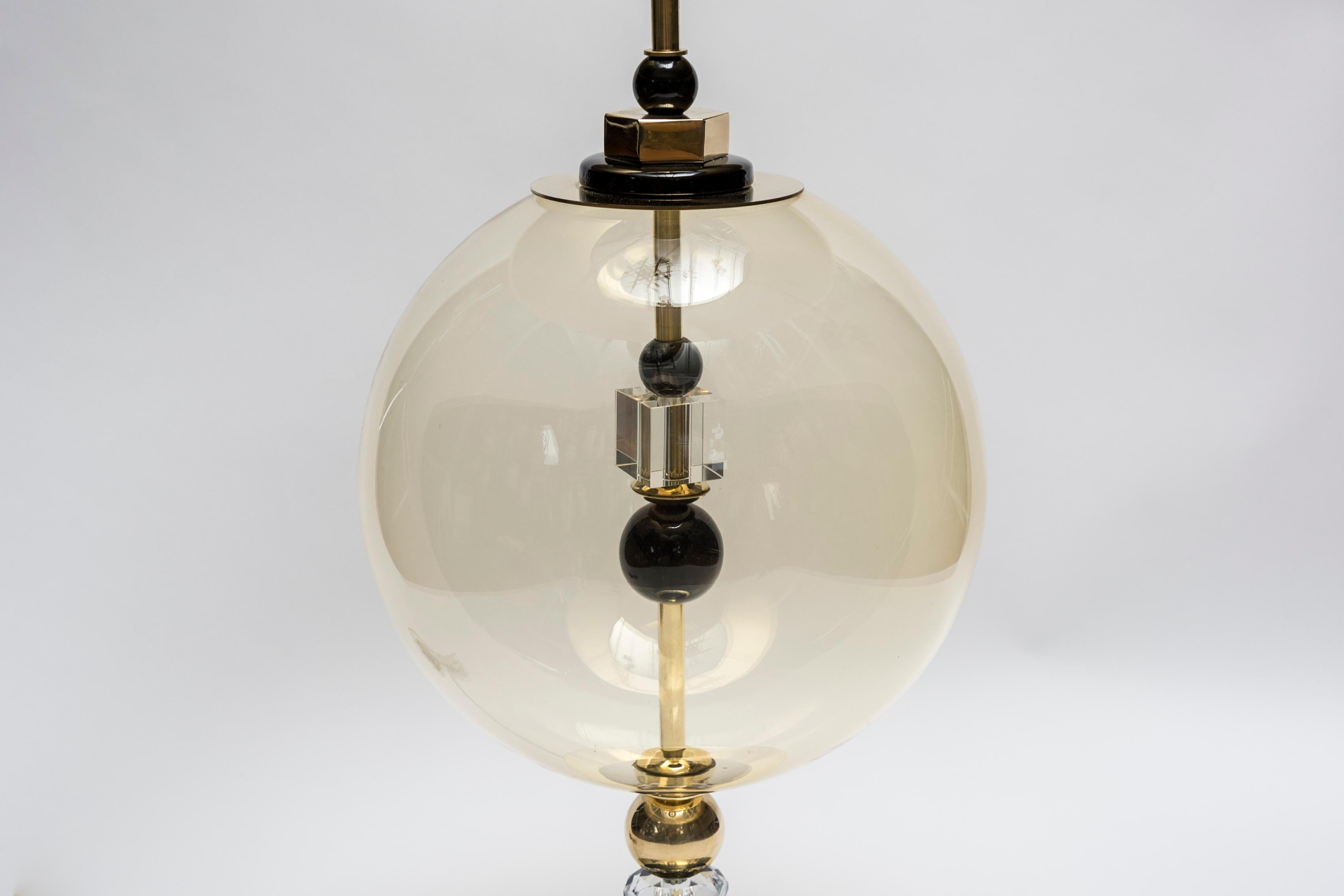 Italian Pair of Round Brass and Murano Glass Table Lamps
