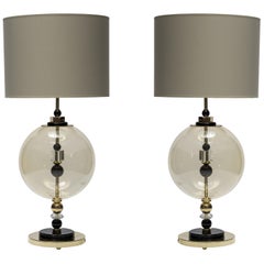 Pair of Round Brass and Murano Glass Table Lamps