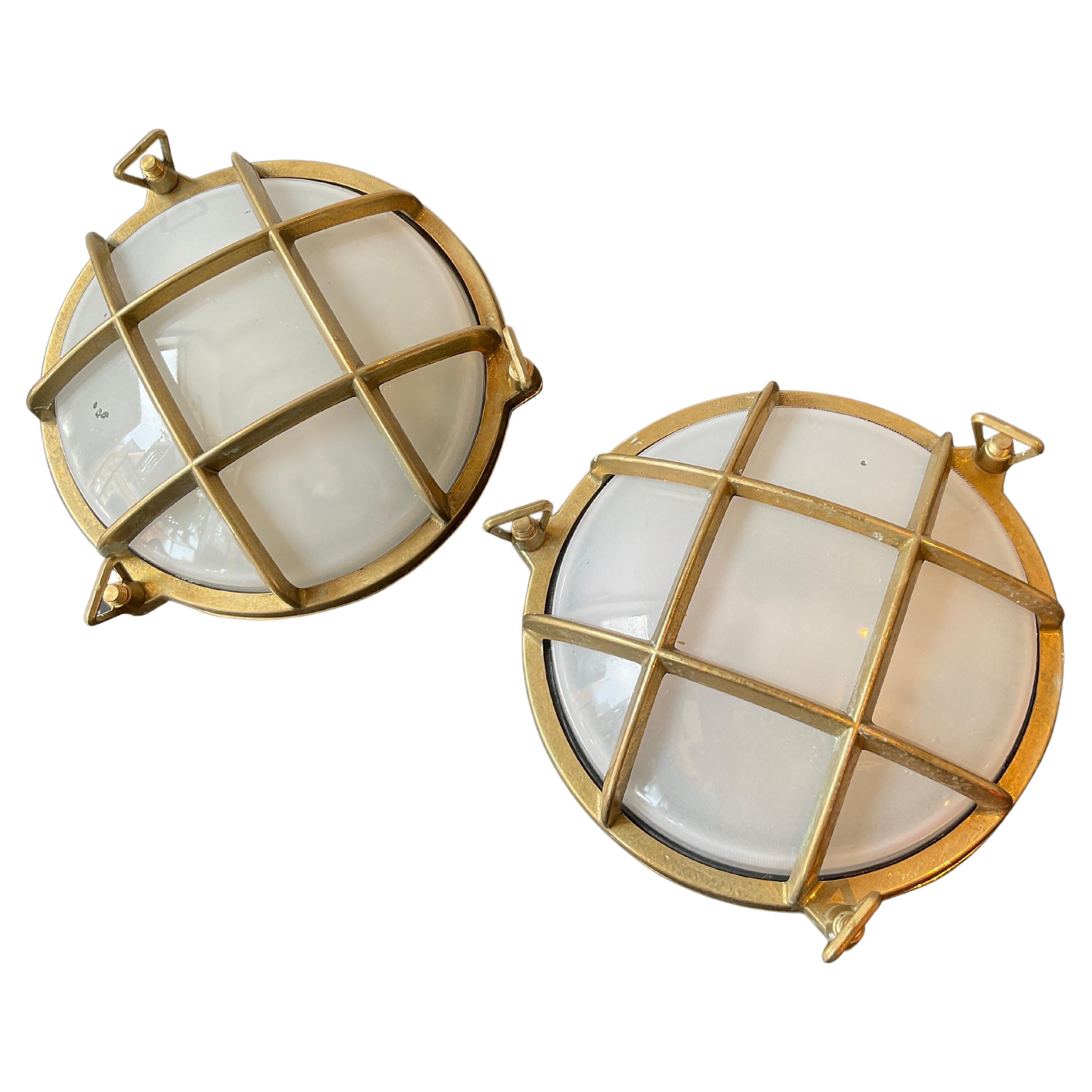 Pair Of Round  Brass Nautical Sconces For Sale