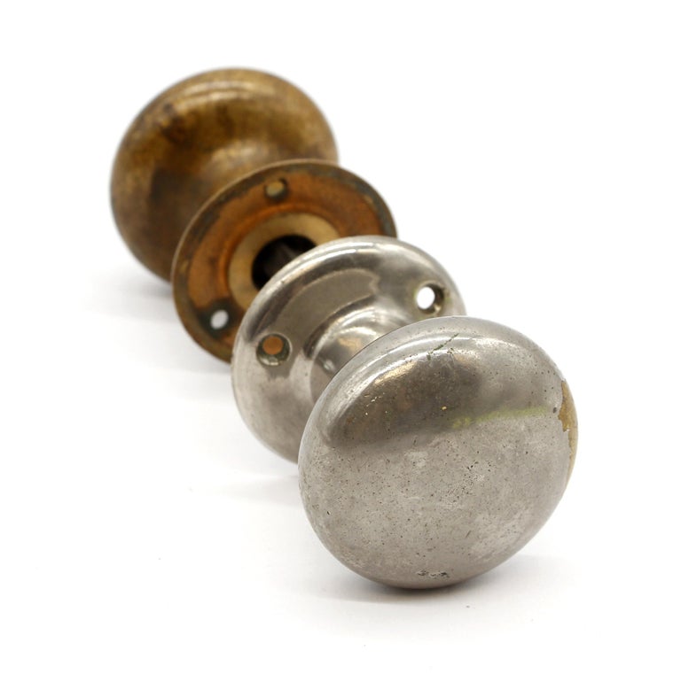 Pair of Round Brass and NickelPlated Door Knobs with Matching Rosettes Antique For Sale at