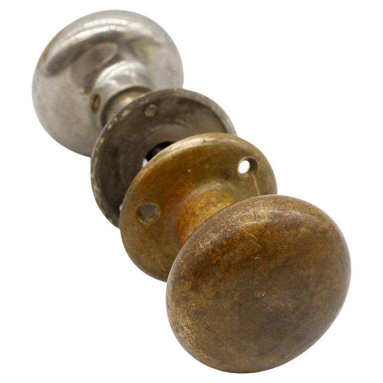 Pair of Round Brass and NickelPlated Door Knobs with Matching Rosettes Antique For Sale at