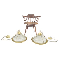 Pair of Round Brass Ribbed Glass Long Chain Light Fixture Pendants MCM MINT!