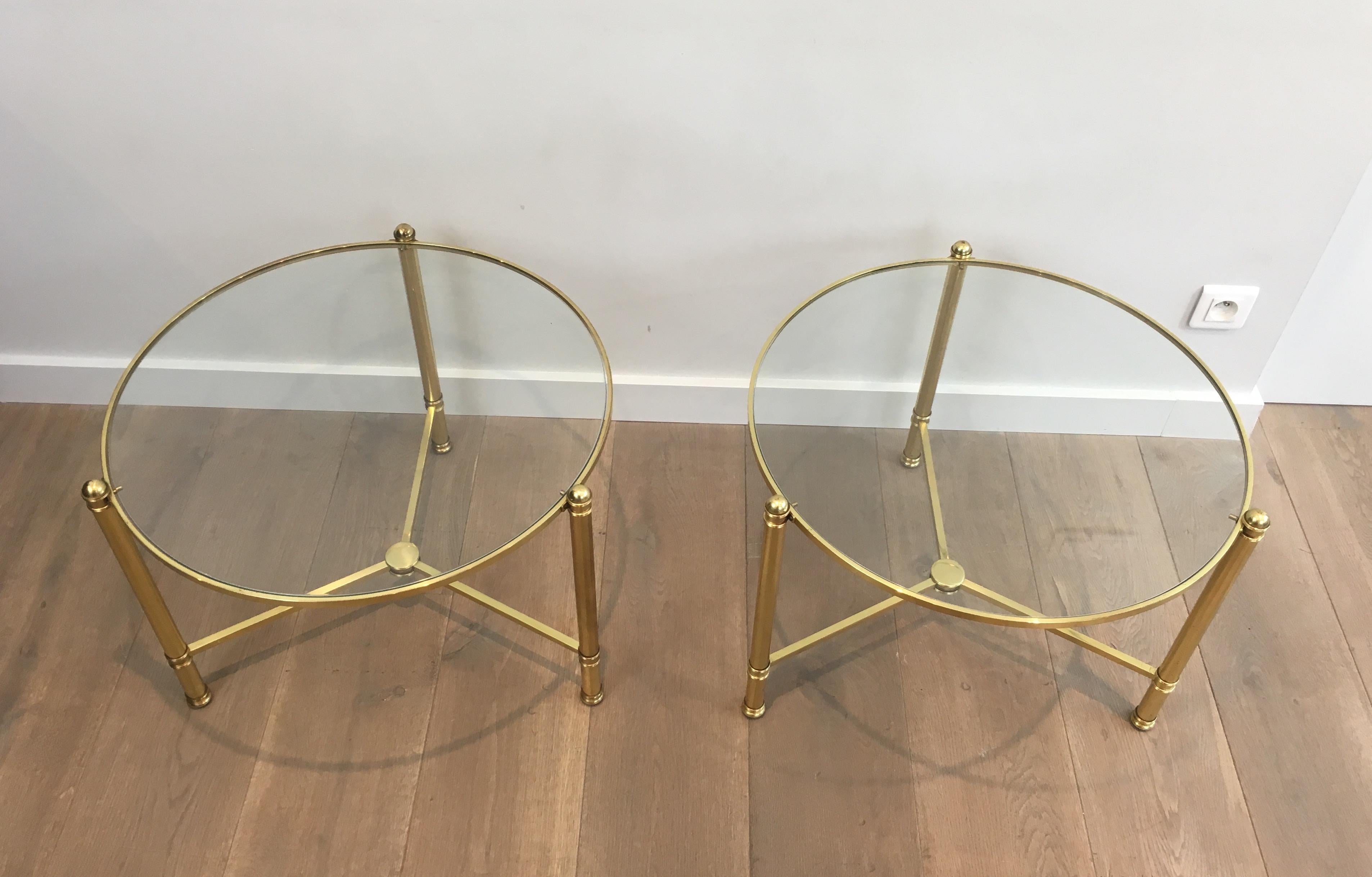 Pair of Round Brass Side Tables, French, circa 1970 14