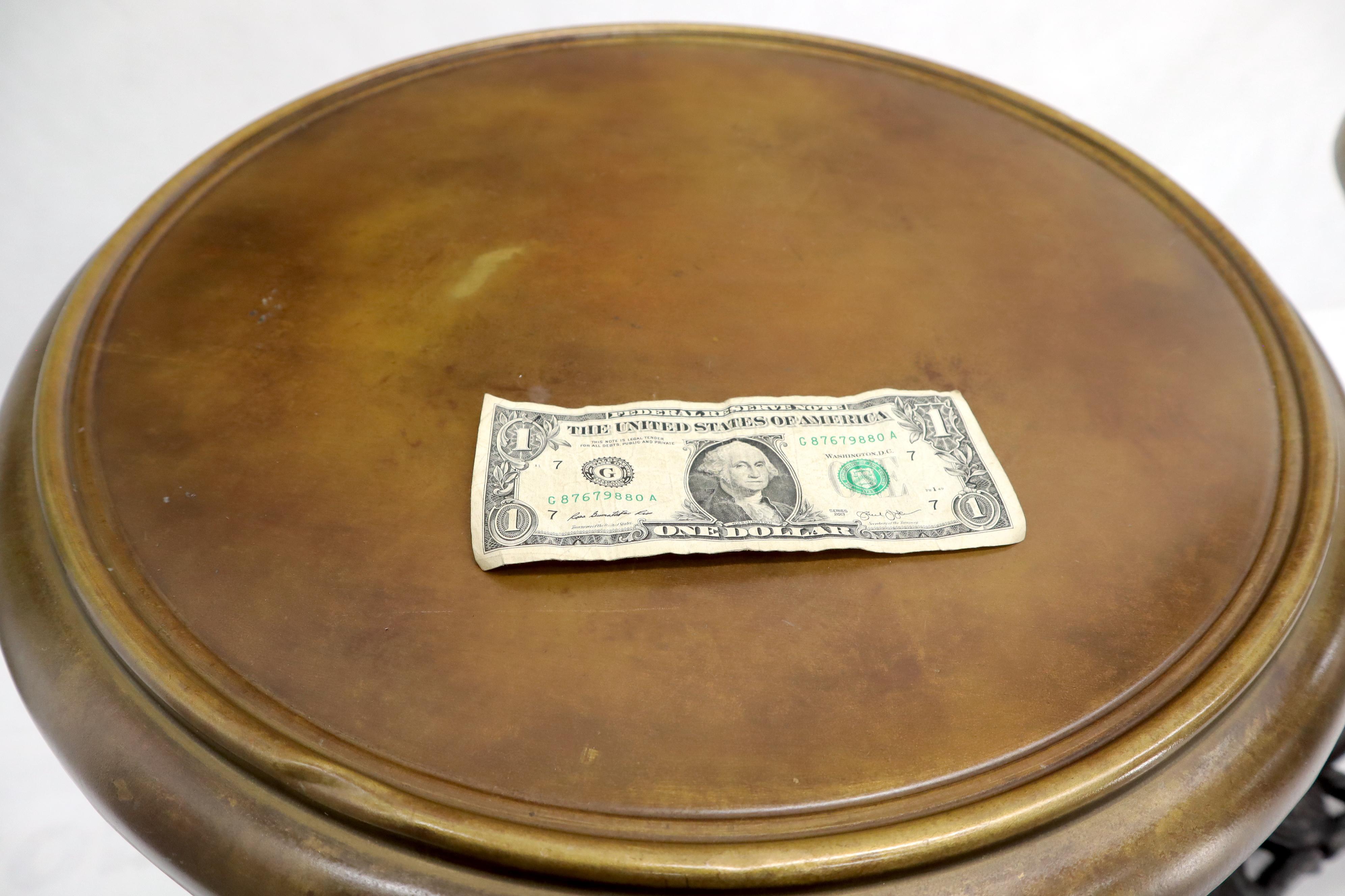 Pair of Round Brass Tops Cast Iron Tripod Bases End Side Tables 6