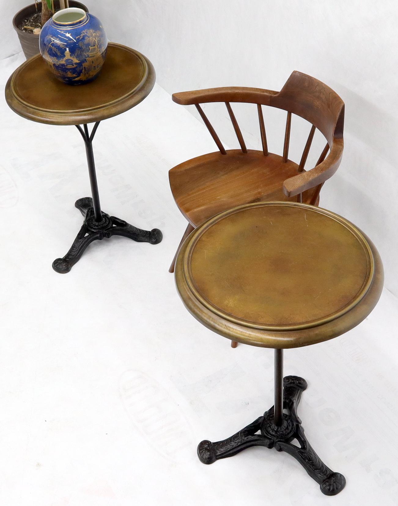 Mid-Century Modern Pair of Round Brass Tops Cast Iron Tripod Bases End Side Tables