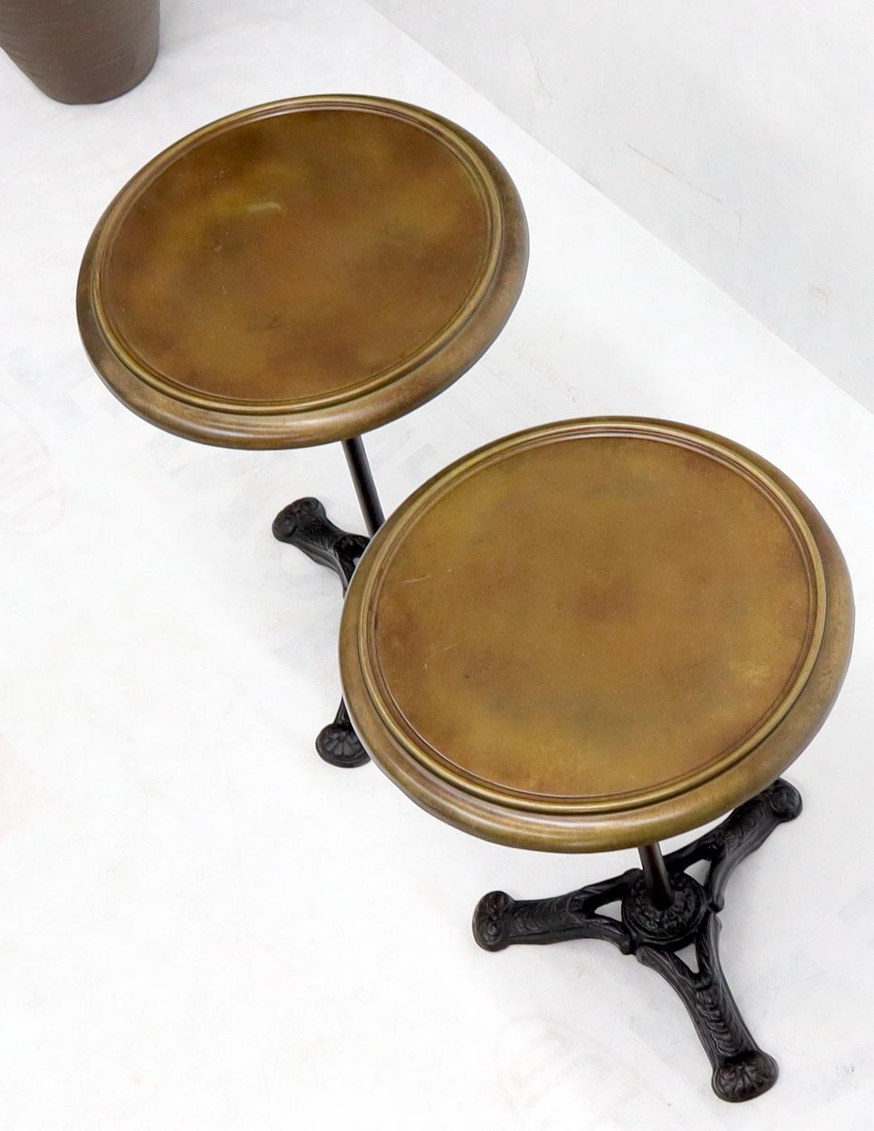 20th Century Pair of Round Brass Tops Cast Iron Tripod Bases End Side Tables