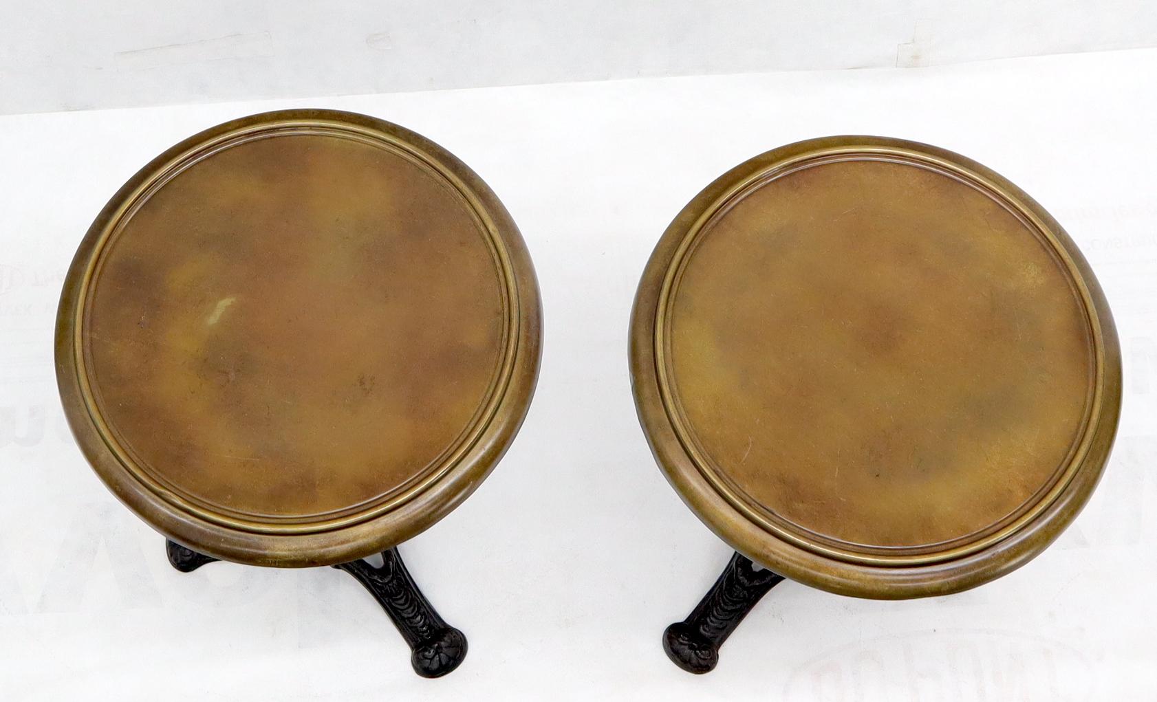 Pair of Round Brass Tops Cast Iron Tripod Bases End Side Tables 1