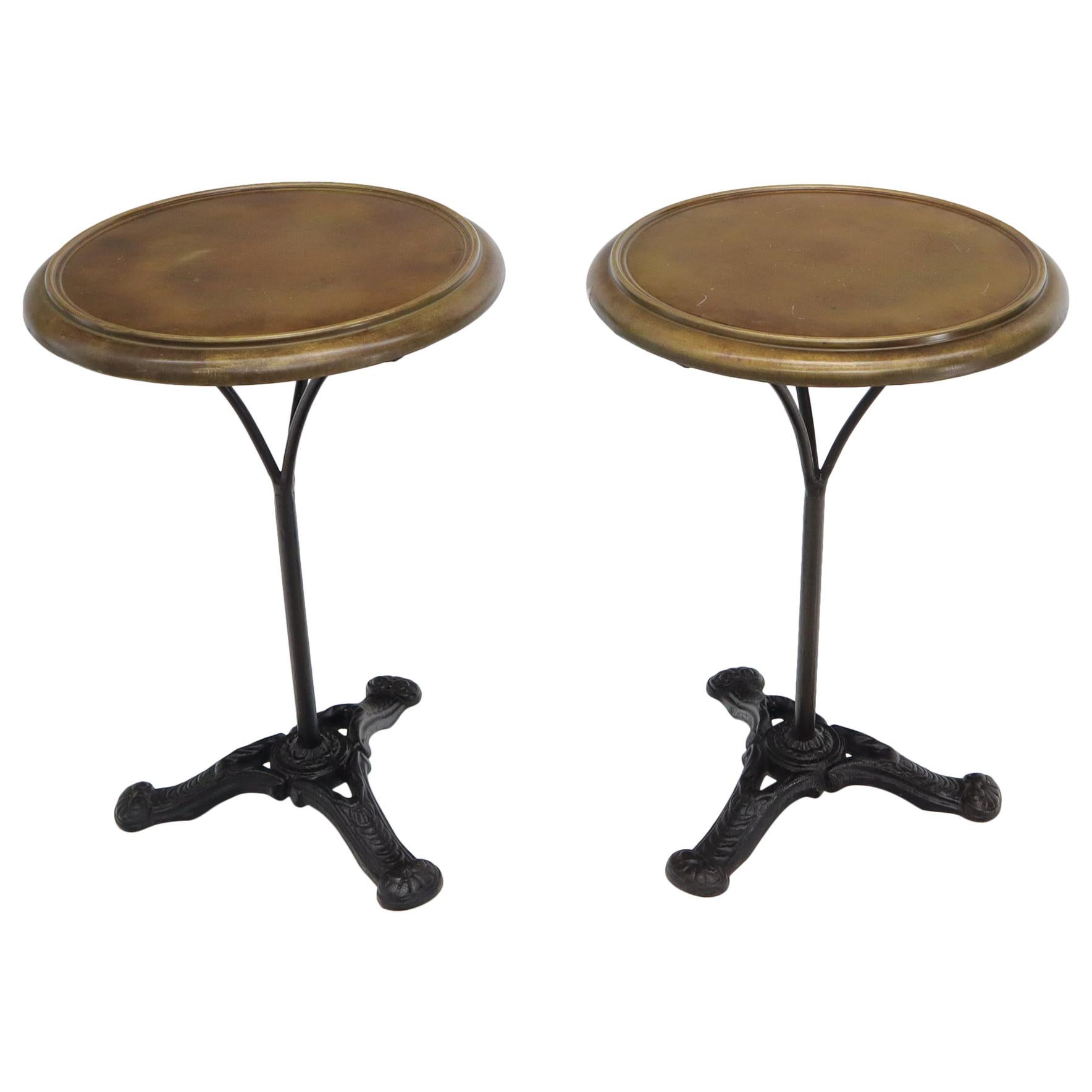 Pair of Round Brass Tops Cast Iron Tripod Bases End Side Tables