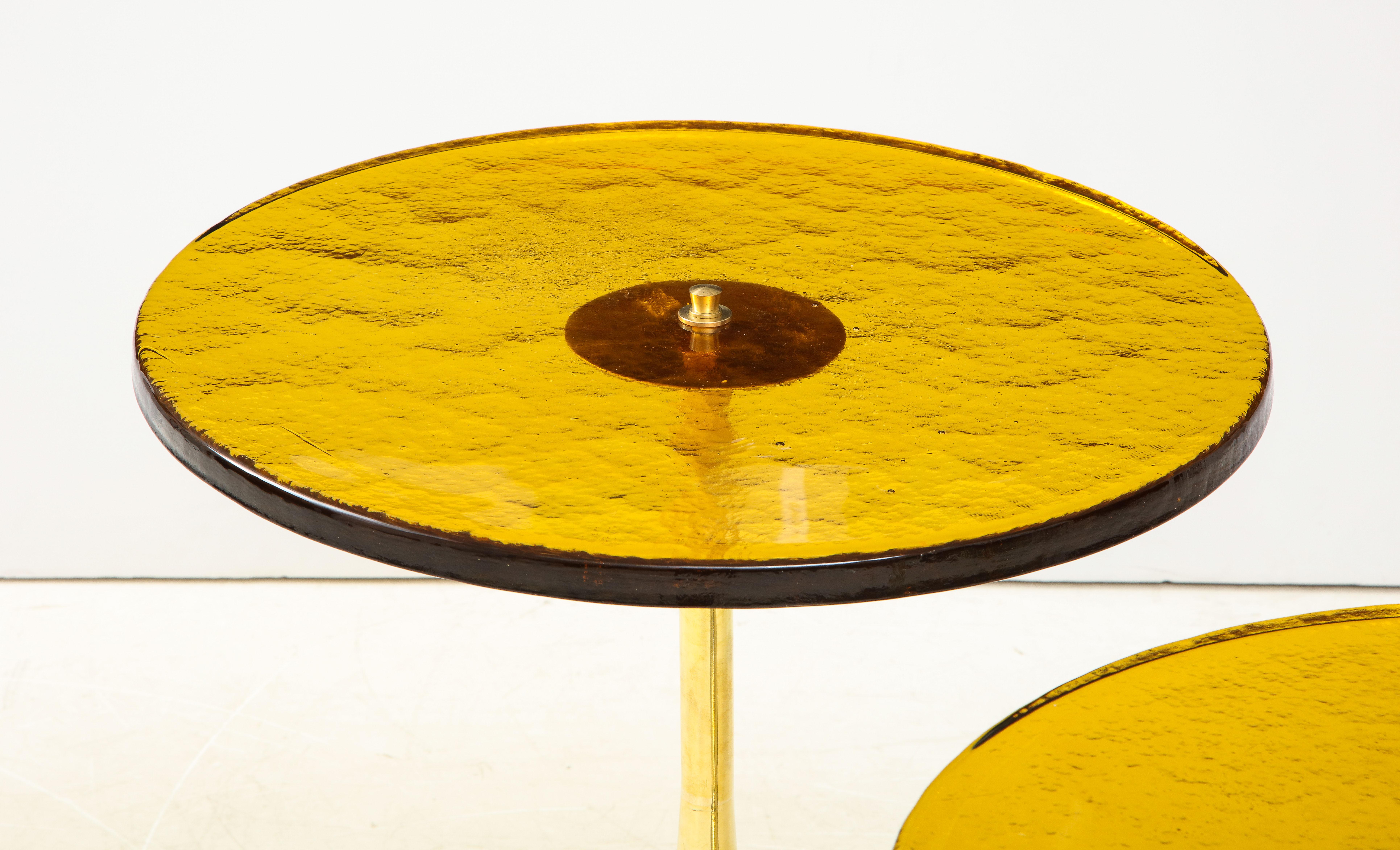 Italian Pair of Round Bronze Murano Glass and Brass Martini or Side Tables, Italy, 2021