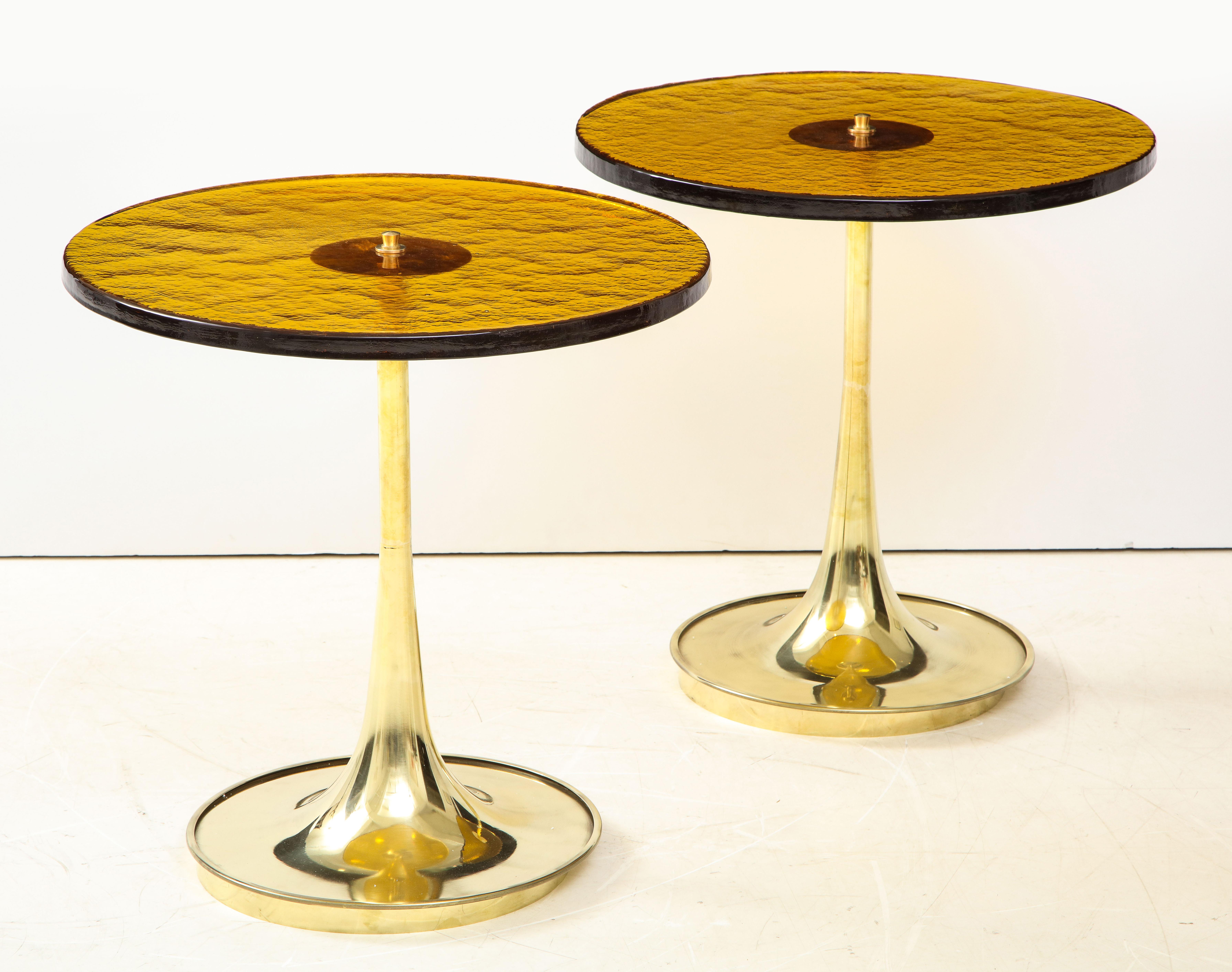 Hand-Crafted Pair of Round Bronze Murano Glass and Brass Martini or Side Tables, Italy, 2021