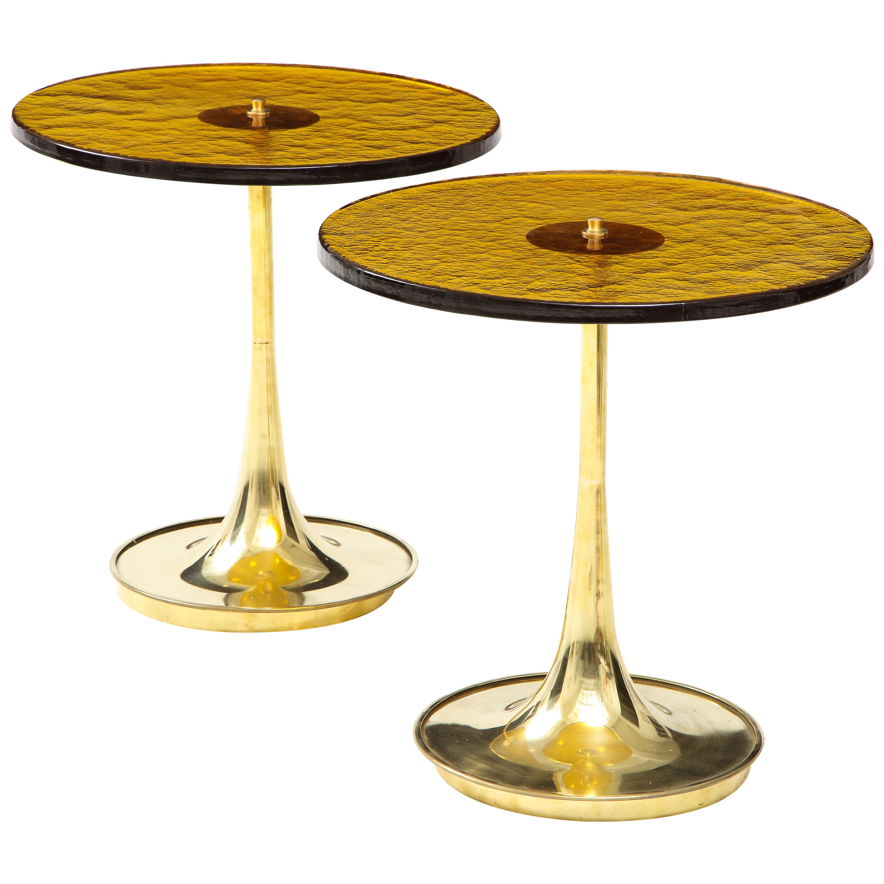 Pair of Round Bronze Murano Glass and Brass Martini or Side Tables, Italy, 2021