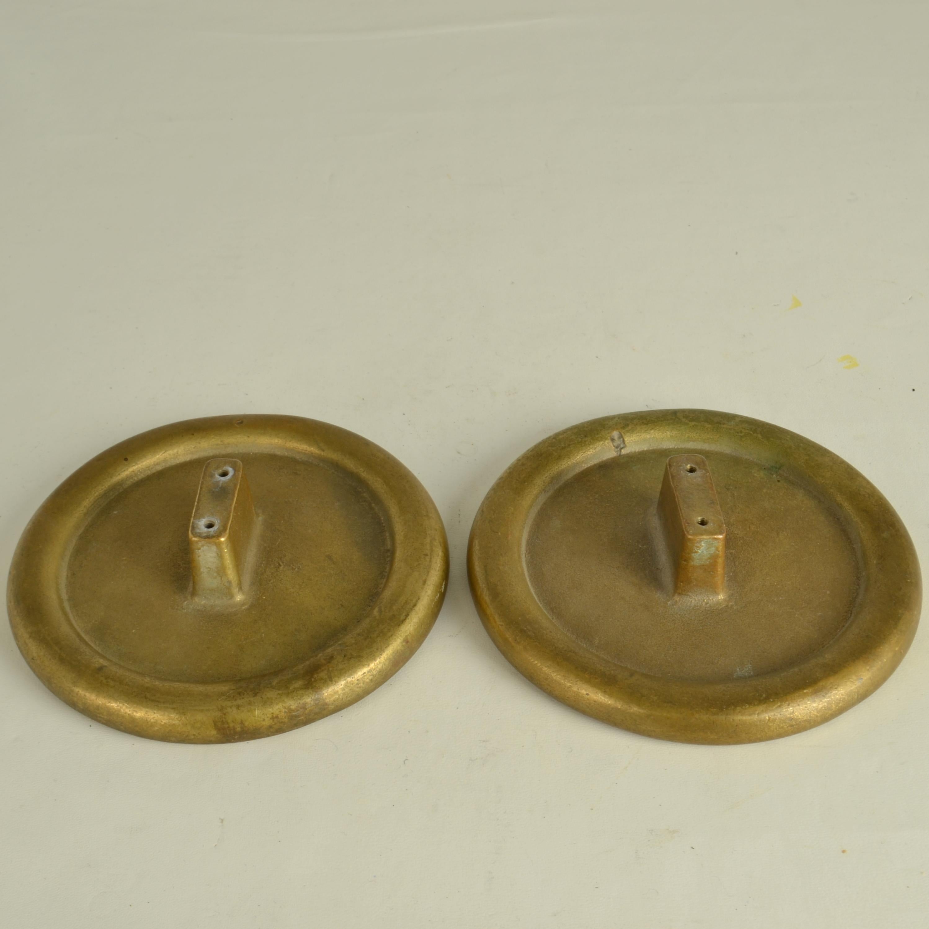 European Pair of Round Bronze Push Pull Relief Door Handles with Flower Relief For Sale